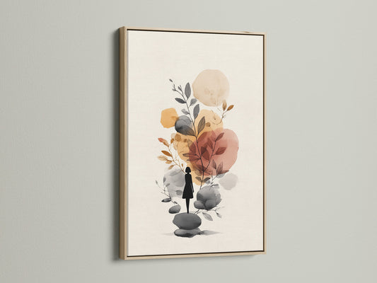 Abstract Botanical Art Print - Minimalist Woman Silhouette, Neutral Tones Wall Decor, Modern Nature Artwork, Boho Home Decor
