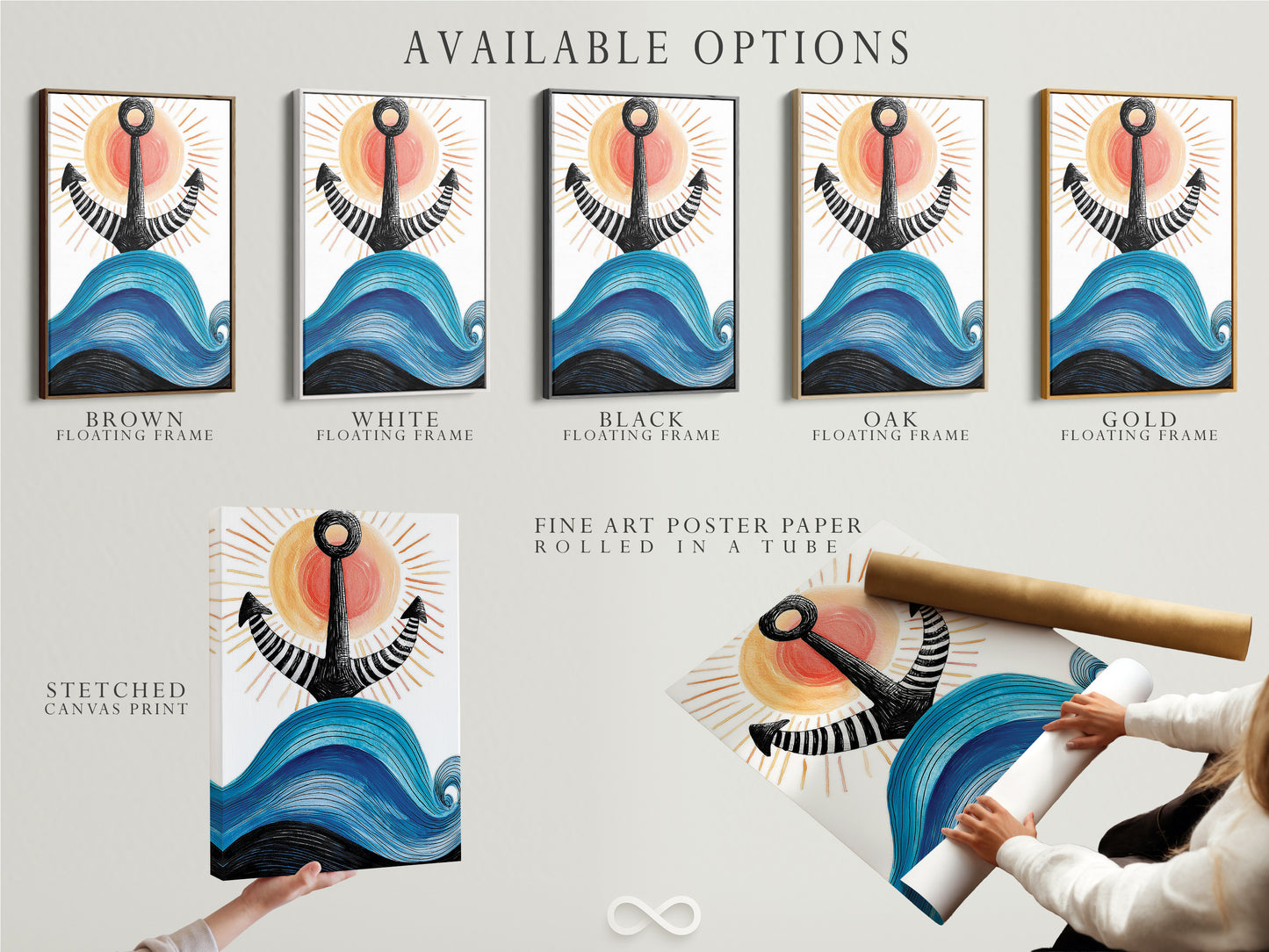 Available options include stretched canvas print fine art poster paper and floating frame. Choose the perfect format to suit your style and needs. Each option enhances the nautical anchor artwork. Stretched canvas offers a modern look. Fine art paper provides a classic feel. Floating frames add sophistication. Customize your artwork today.