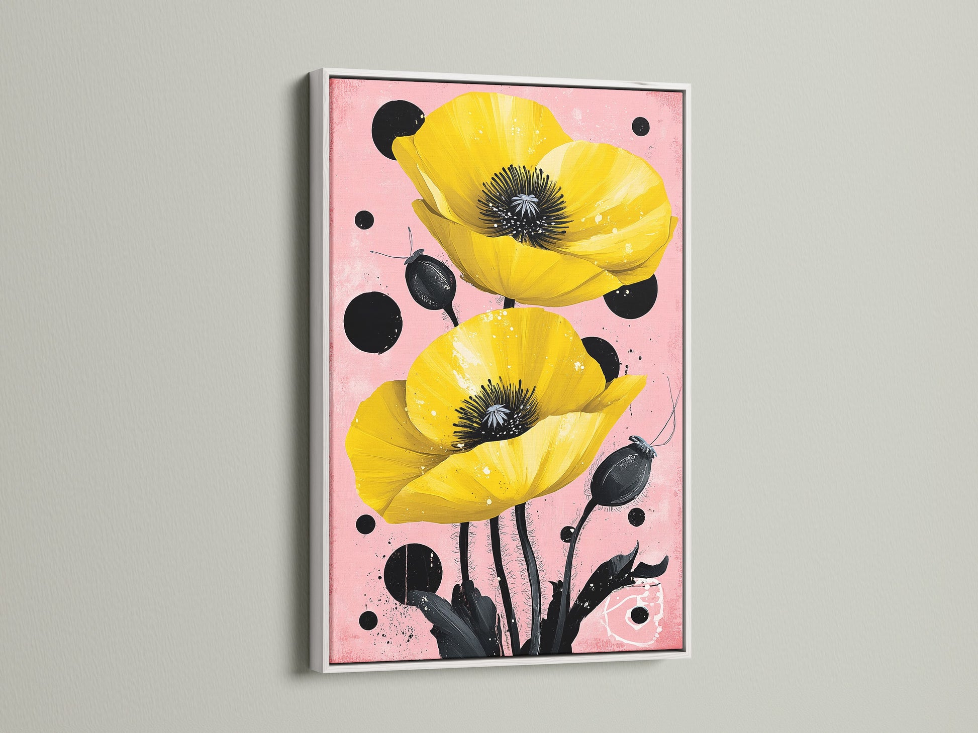 A white frame highlights the Yellow Poppy canvas. This floral wall art brings botanical charm to any bedroom wall. The pink and yellow contrast with the clean white frame. It creates a fresh modern artwork display.