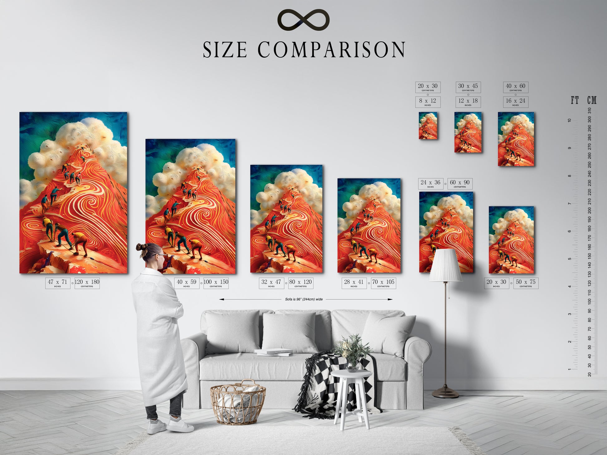 Compare the sizes of the Mountain Climbers canvas print in a stylish interior setting. Find the perfect fit for your office or home. This size comparison chart helps you visualize the artwork in different spaces. Choose the ideal size for your motivational art today.