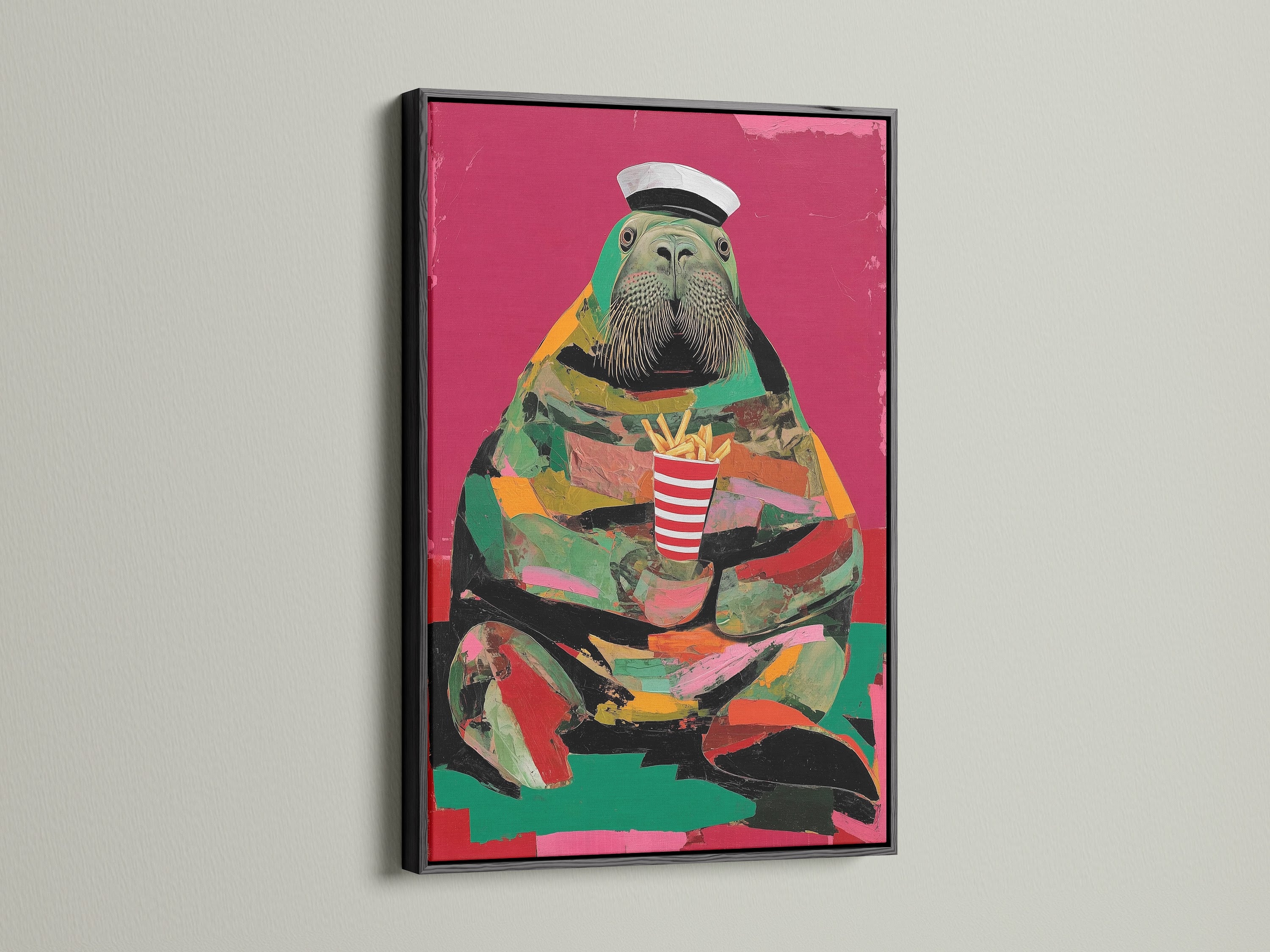 Walrus Sailor art in a black frame. A perfect canvas for those seeking quirky wall decor. This colorful animal art is both memorable and unique. Enhance your space with this retro wall art.
