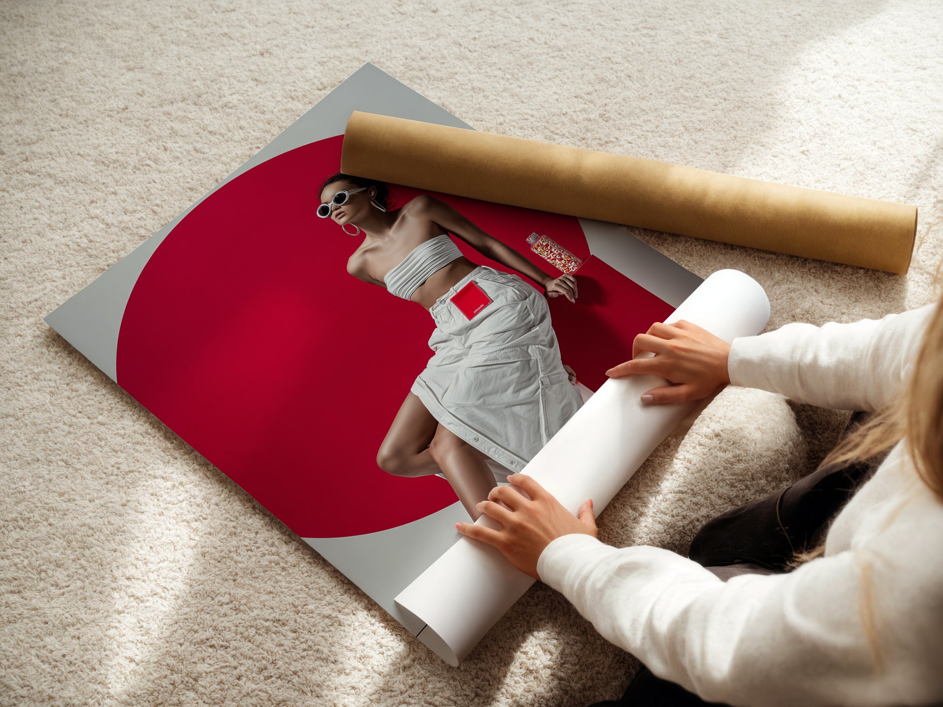 A woman carefully rolling a fine art poster paper. Ready to create a stunning fashion portrait print. The paper is high-quality. Ideal for pop art canvas prints and modern photography. Perfect for stylish wall art.