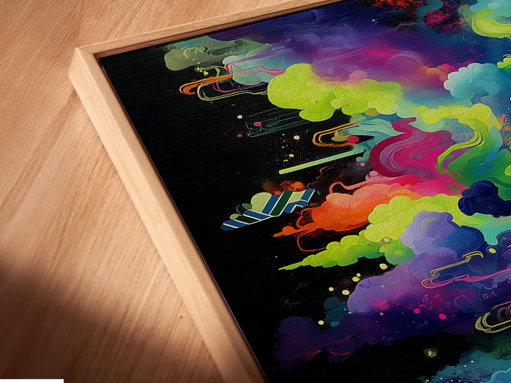 A close-up angled view shows a canvas print in a floating frame. The colorful cloudscape artwork is beautifully displayed. The modern art style enhances this psychedelic print. Perfect abstract art for any space.