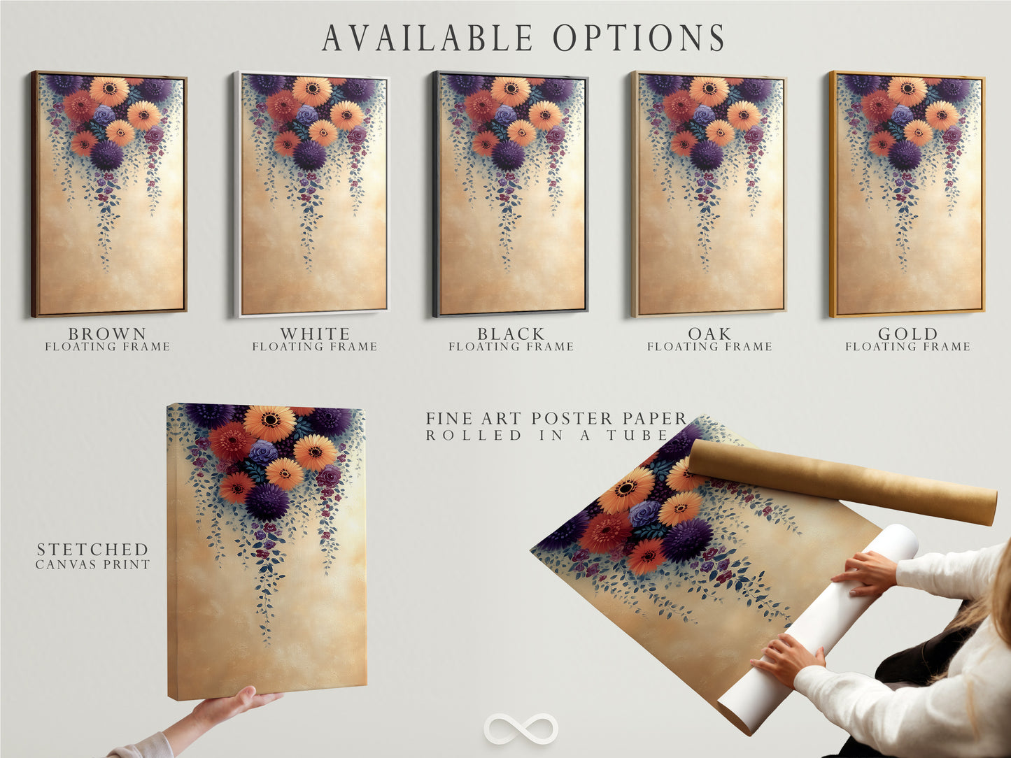 Explore available options for the Floral Cascade artwork. Choose from a stretched canvas print fine art poster paper or a floating frame. Customize your botanical wall decor to suit your style. Create a unique farmhouse or modern art display