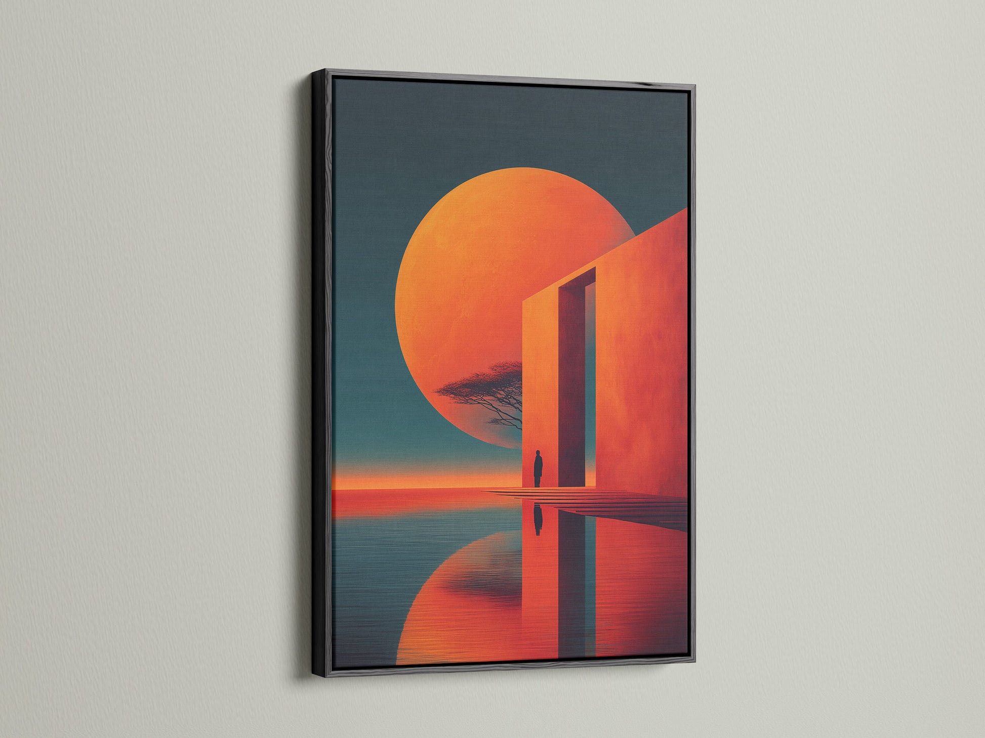 The abstract sunset artwork is presented in a sleek black frame. The black frame provides a striking contrast. The modern geometric art stands out. The coral and orange hues add warmth. This canvas print creates a contemporary statement. Ideal for those seeking refined wall art. Enhance your living space with this bold piece.