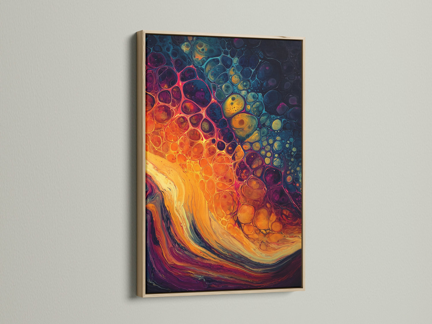 Abstract painting with warm tones displayed in an oak frame. The artwork's rich colors enhance the natural wood grain. This frame adds a touch of classic elegance. Discover how an oak frame enhances your art. Perfect for a sophisticated aesthetic.