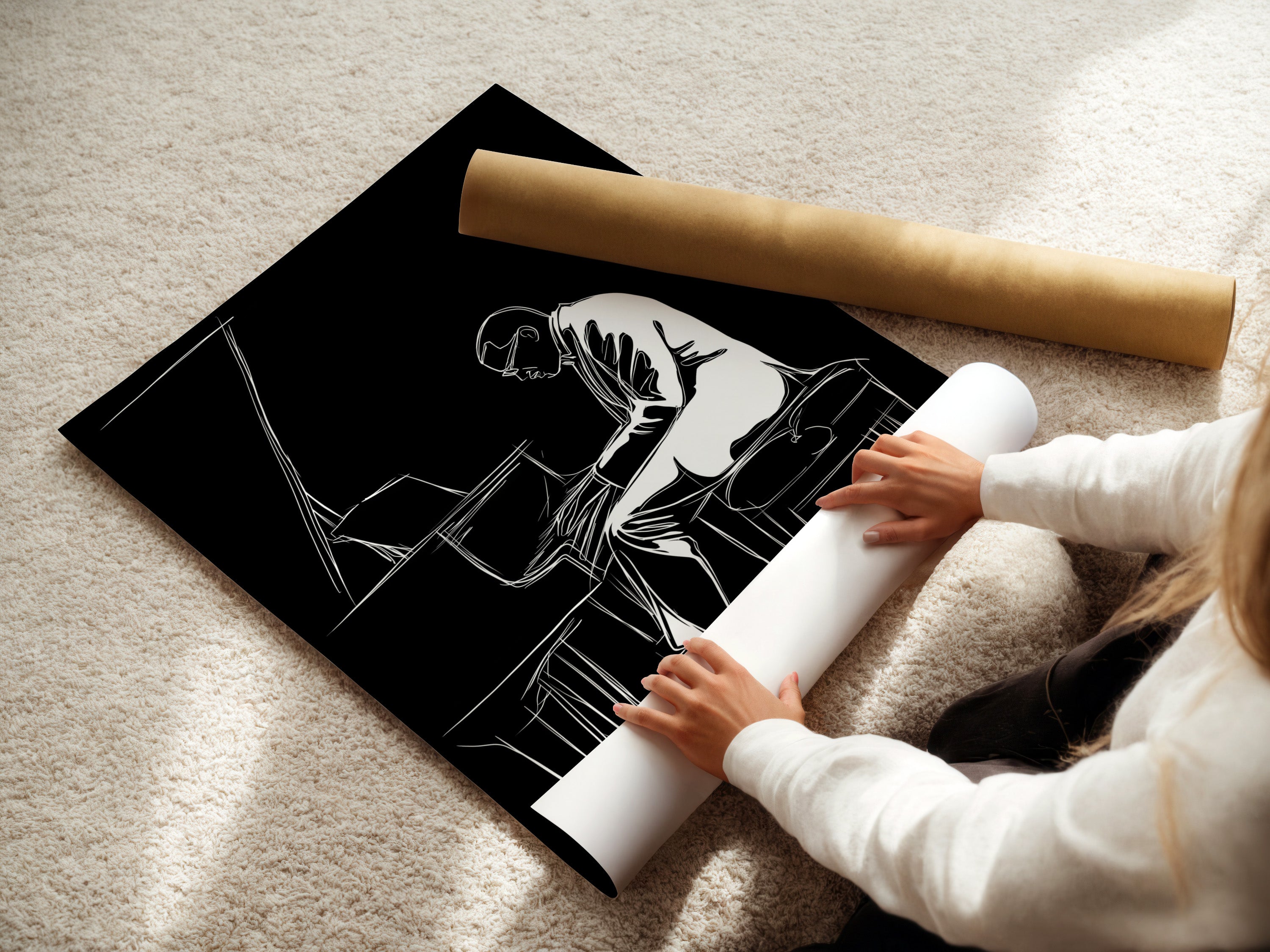 A woman is carefully rolling a fine art poster paper. The paper features black and white jazz piano artwork. This minimalist musician wall art is perfect for any music lover. Ideal for contemporary wall decor. Enhance your space with this unique piano player print.