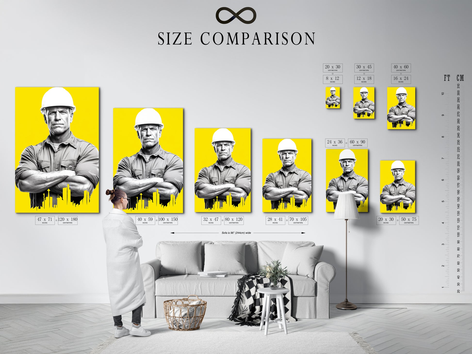 Size comparison chart of the Construction Worker artwork in an interior setting. The architect print is a perfect gift for engineers. This modern canvas art is yellow wall art. It is great for office wall decor. This worker artwork is building art.