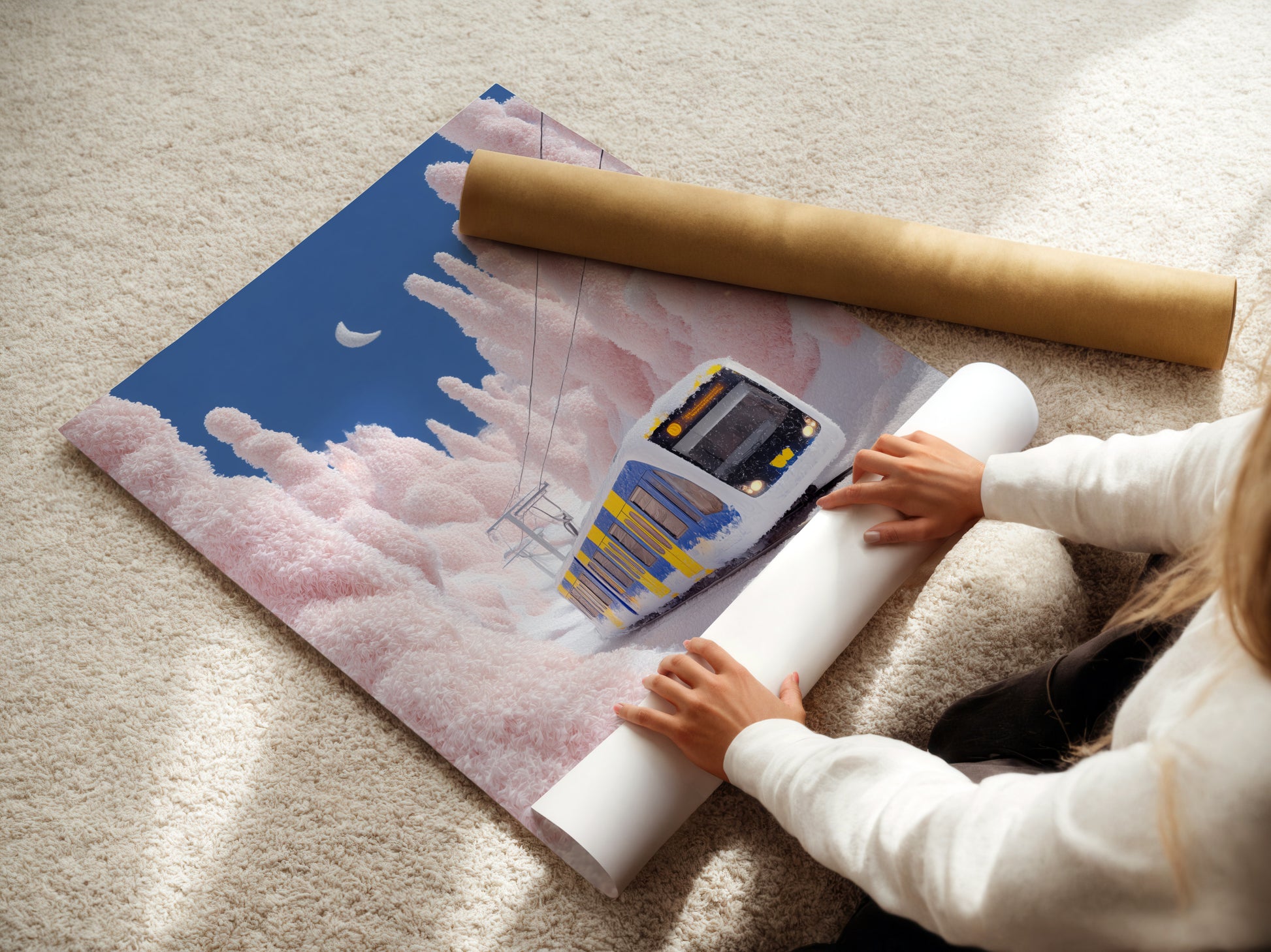 A woman is carefully rolling a fine art poster paper. This highlights the quality and care. The fine art poster paper ensures a high-resolution print. It captures the intricate details of the winter landscape artwork perfectly.