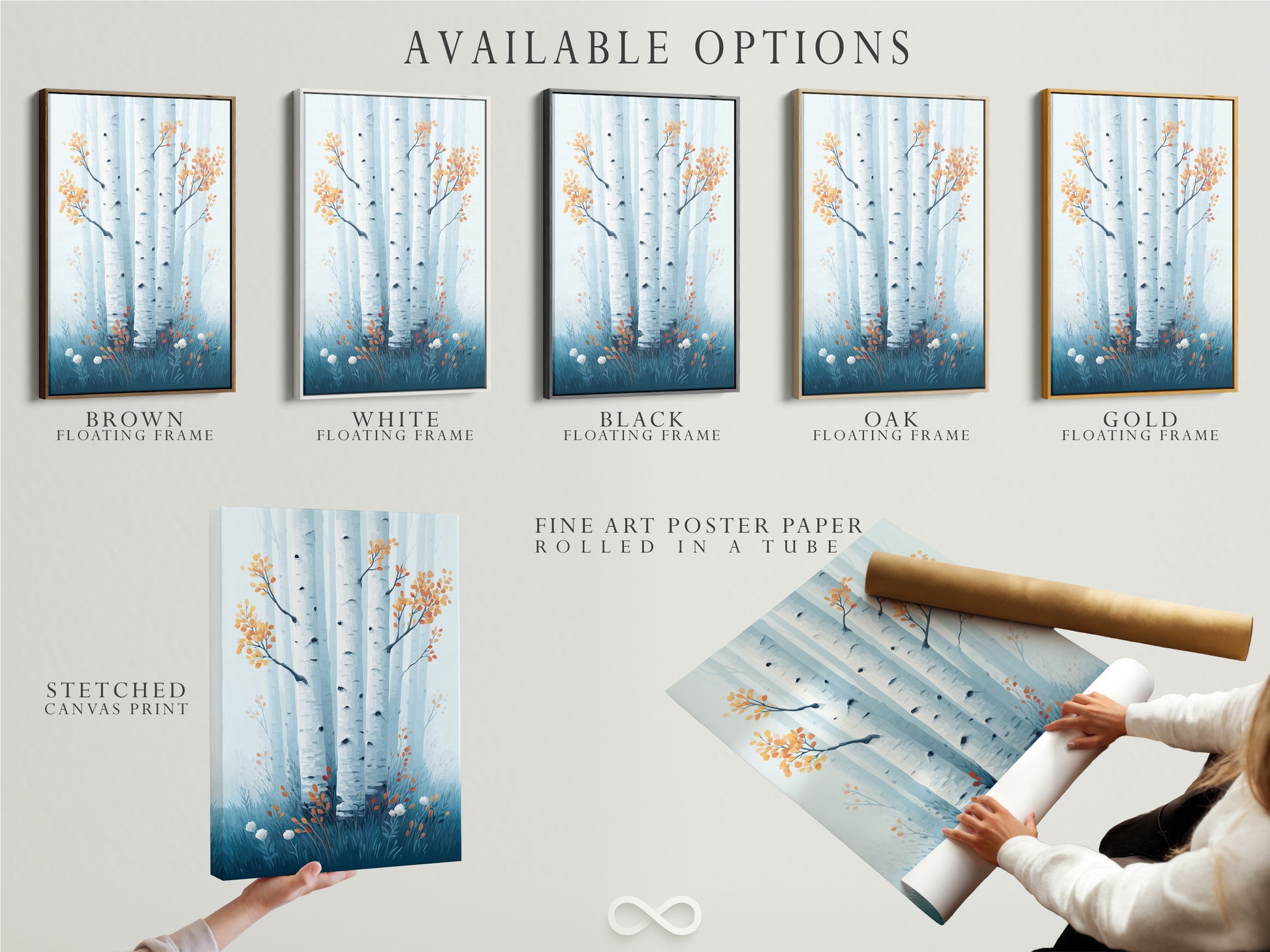 Available options include stretched canvas print fine art poster paper and floating frame. Choose the perfect format for your birch tree artwork. Customize your Scandinavian style nature poster today.