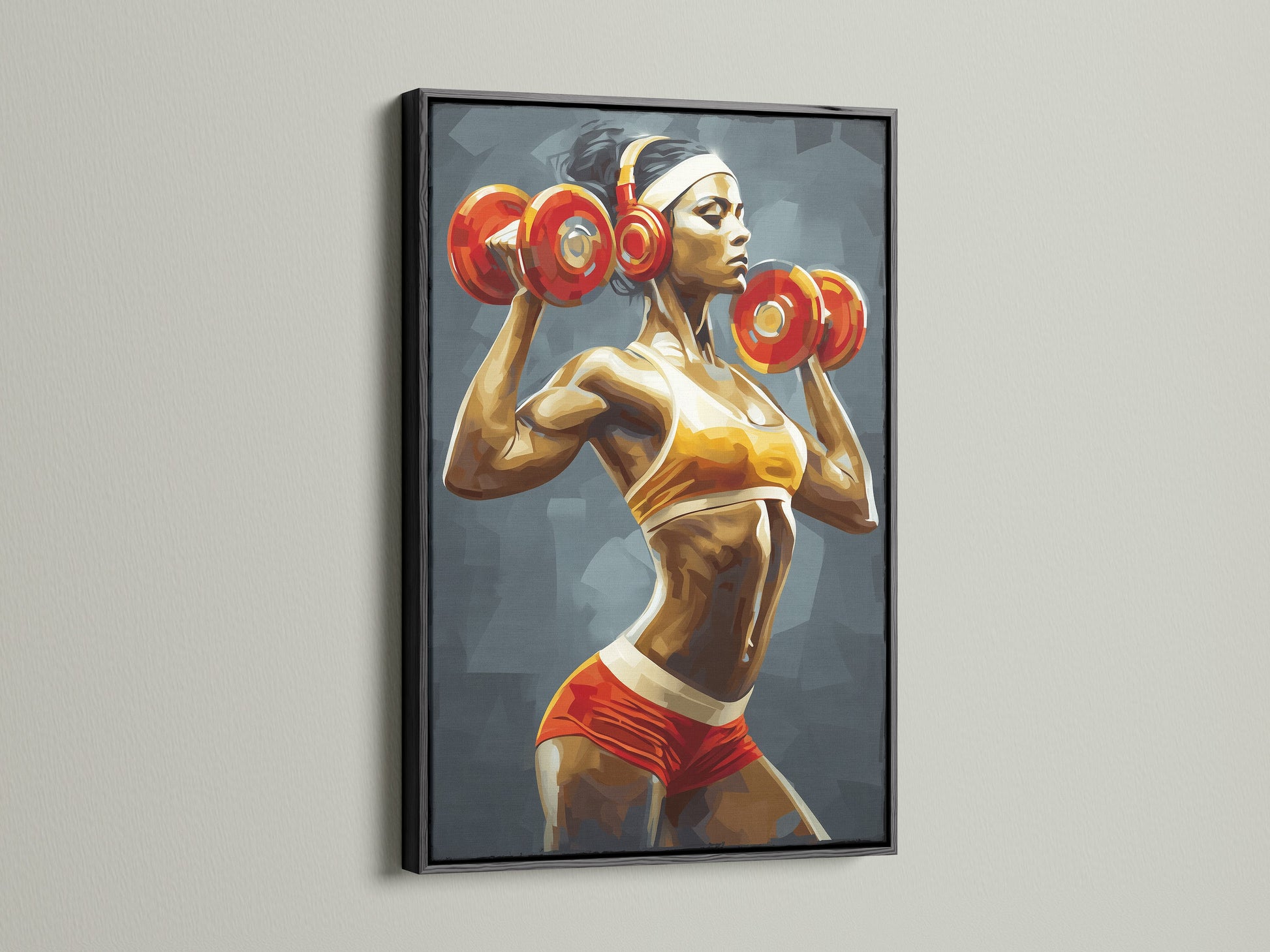 The female fitness art print features a strong woman weightlifting. It is framed in black. This gym canvas print motivates your workout. Ideal for home gym decor. This artwork provides inspiration. It enhances any fitness space.