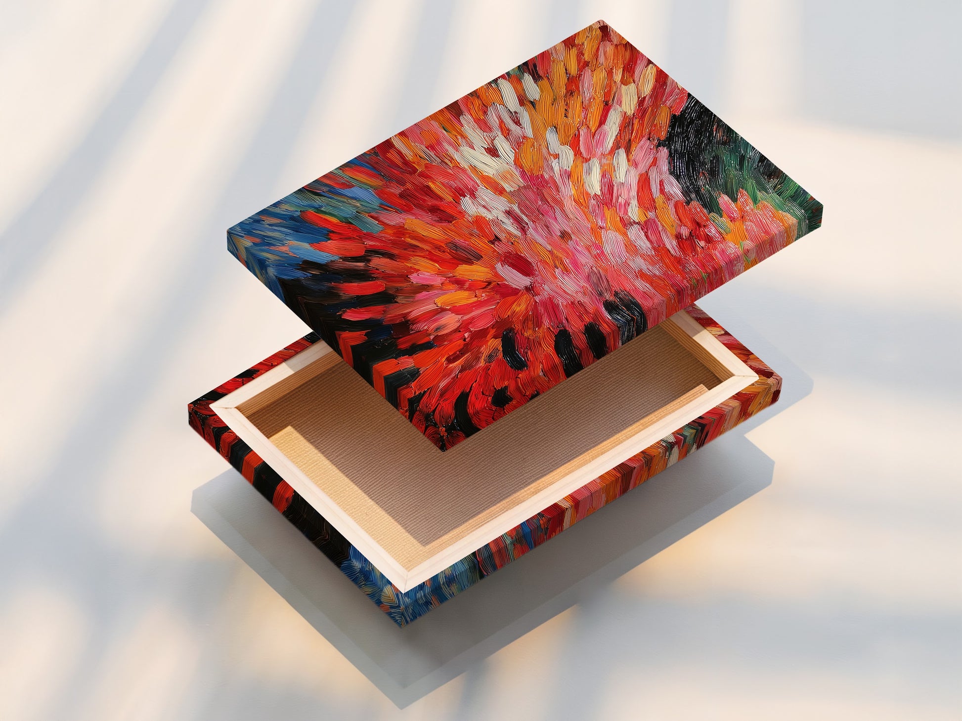 This is a stretched canvas print of an abstract burst artwork. It features dynamic brushstrokes in red and orange. This colorful wall decor enhances any space. It is ideal for modern minimalist or eclectic styles. Add a touch of contemporary flair to your home or office.