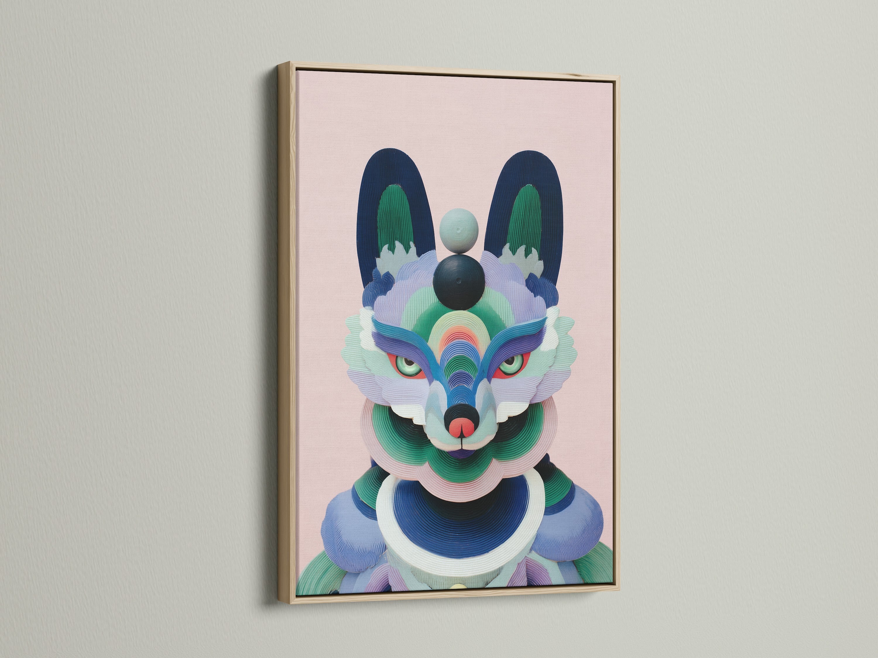 Geometric Fox canvas print in an oak frame. This contemporary artwork showcases a vibrant abstract fox. Perfect for adding a modern touch to nurseries and kids' rooms with its colorful and playful design.