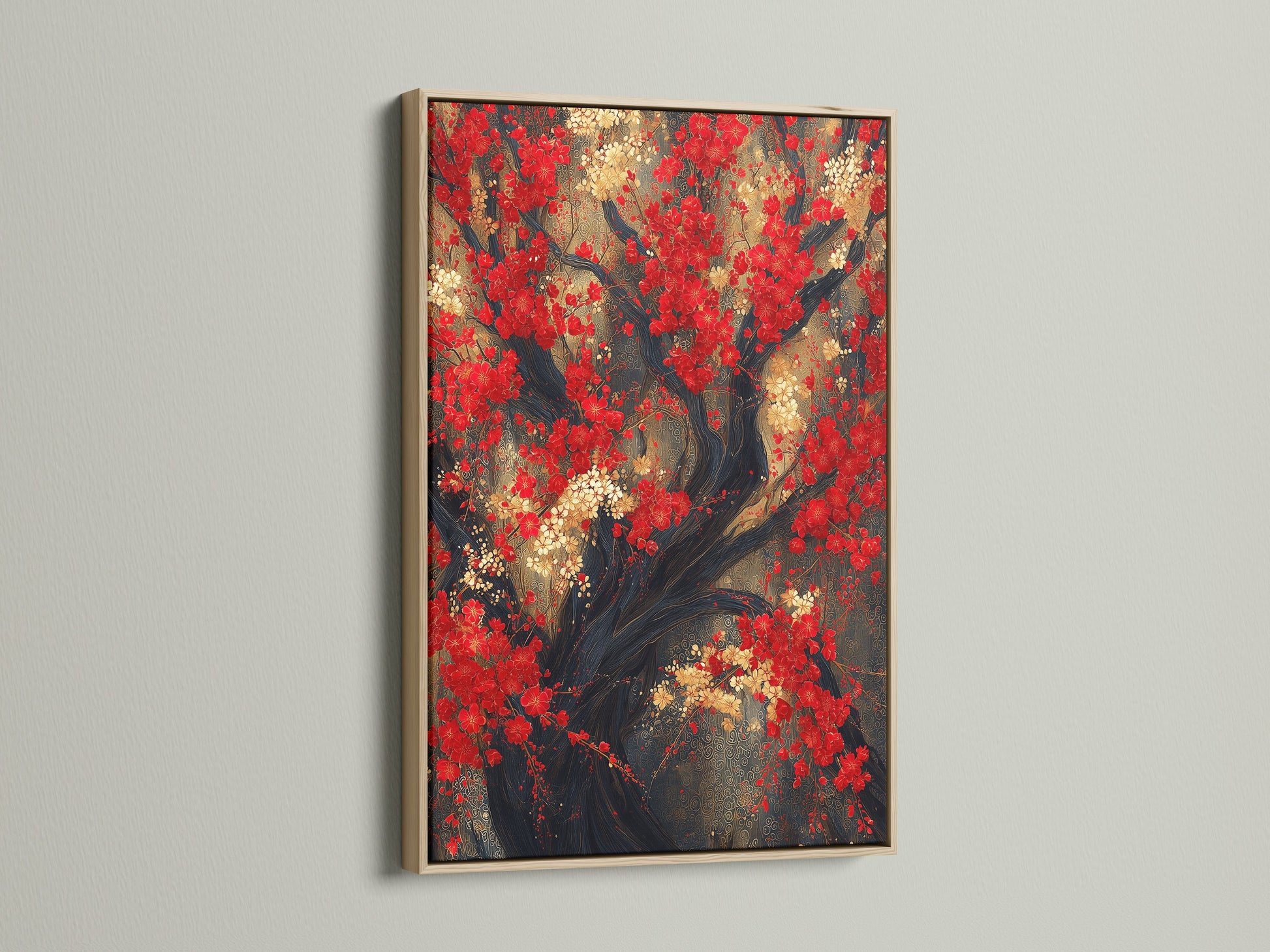 A stunning Red Blossoms Canvas Print is framed in oak. This Japanese cherry tree wall art brings Asian botanical elegance to any room. The red floral canvas features gold accents. It is perfect for dining room decor or adding oriental decor to your home. Enhance your space with this beautiful tree artwork.