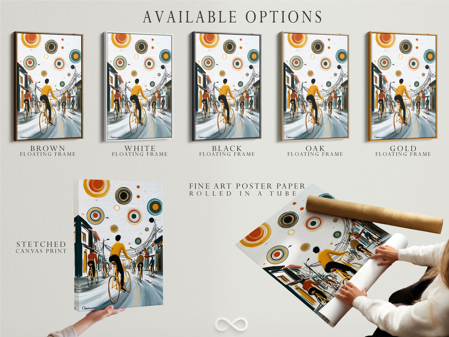 Available options for the City Cyclists artwork are displayed. Choose from a stretched canvas print. You can also get a fine art poster paper. Consider a floating frame to complete the look. Find the perfect option for your style.