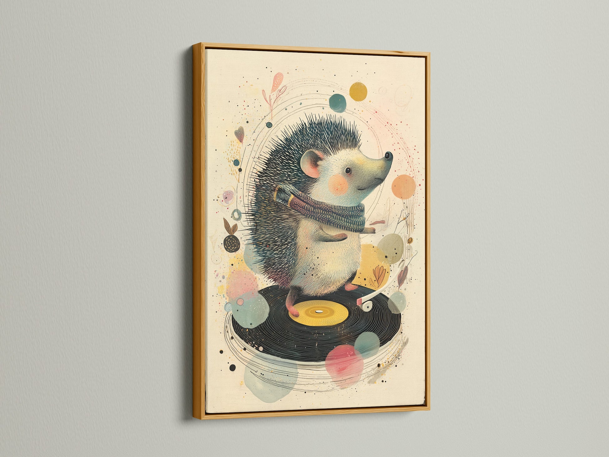 A gold frame enhances a delightful artwork. It features a hedgehog DJing on a record player. The gold frame brings a touch of glamour. Explore gold frames for your favorite artwork. Transform your space with framed art.