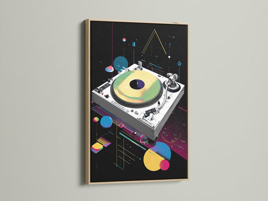 Retro turntable artwork displayed in an oak frame. Enhance your space with this synthwave music wall art. It's vaporwave DJ decor for any studio or office. The primary color is black and the secondary color is yellow.
