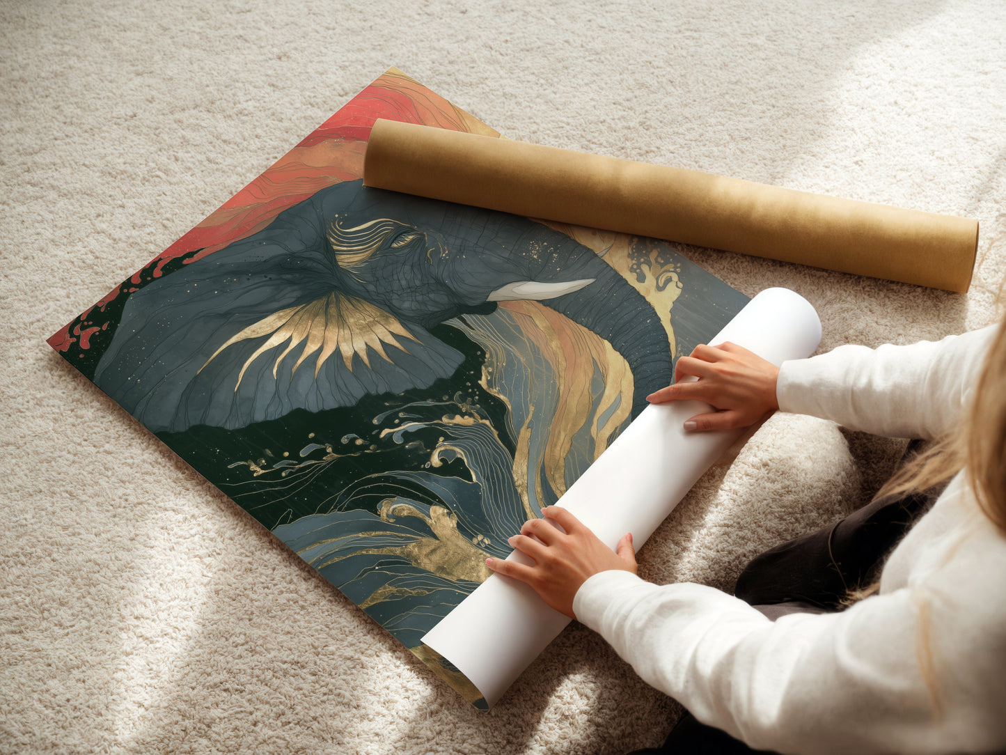 A woman carefully rolling a fine art poster paper featuring an elephant design. This Japanese wave art print is perfect for adding coral pink and teal accents to your bedroom decor. A unique wildlife poster.