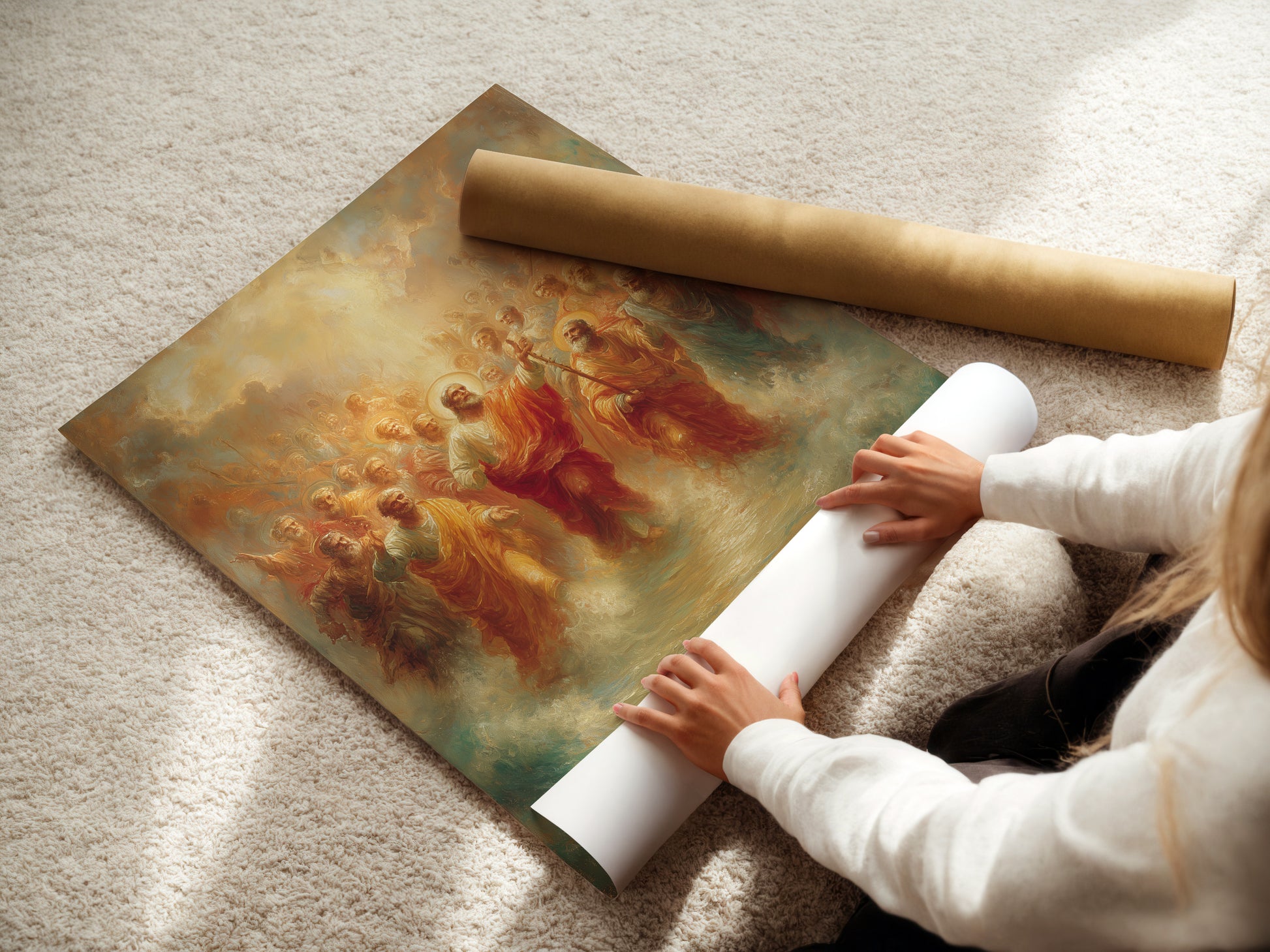 A woman is carefully rolling a fine art poster paper. The paper features religious art of Jesus Christ with Apostles. This premium poster paper ensures vibrant colors and exceptional detail. Ideal for creating stunning religious prints and wall decor.