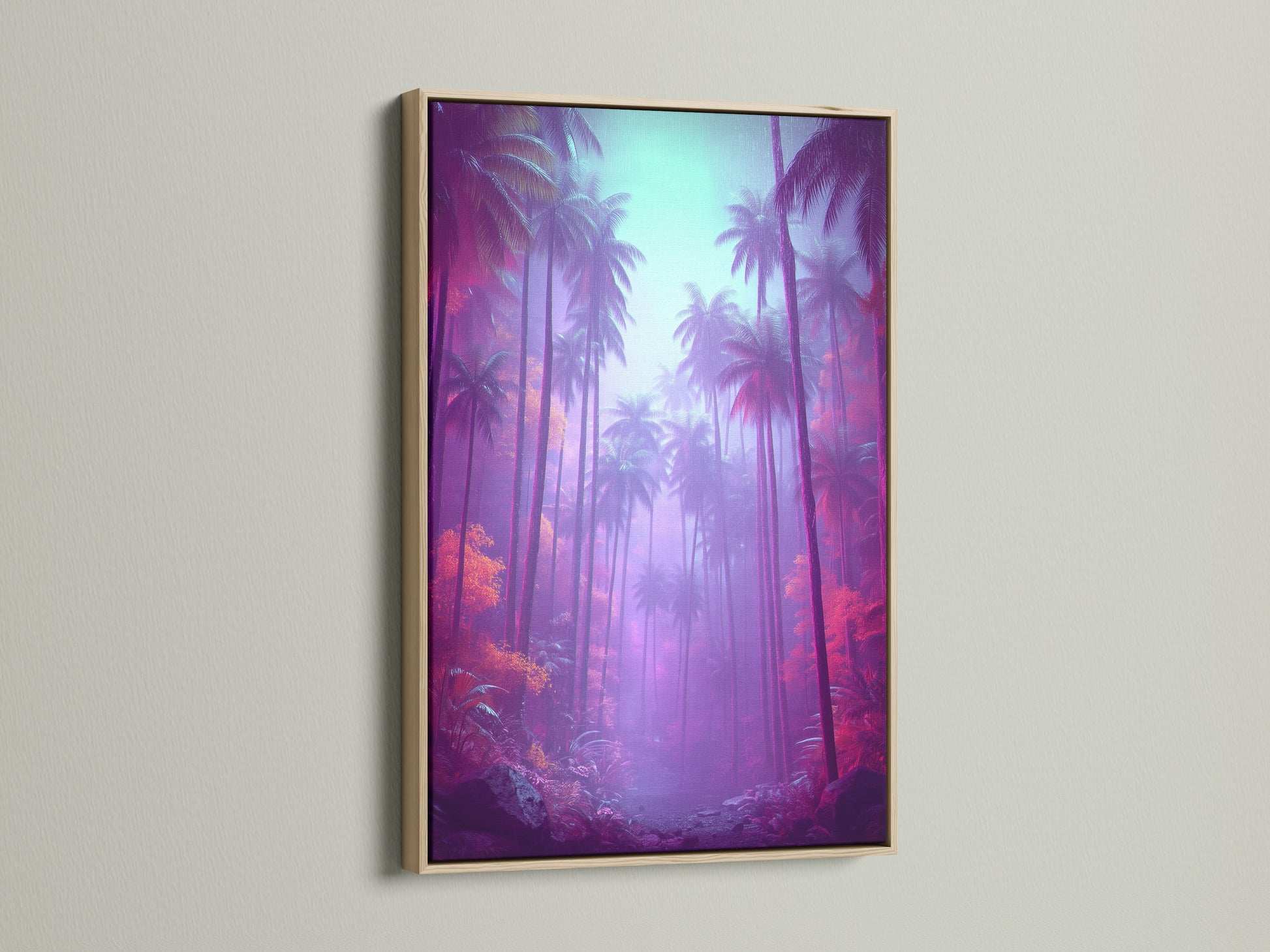 Tropical palm tree artwork in an oak frame. The vivid colors of the purple and teal create a vaporwave aesthetic. This tropical canvas adds a touch of paradise to your home.