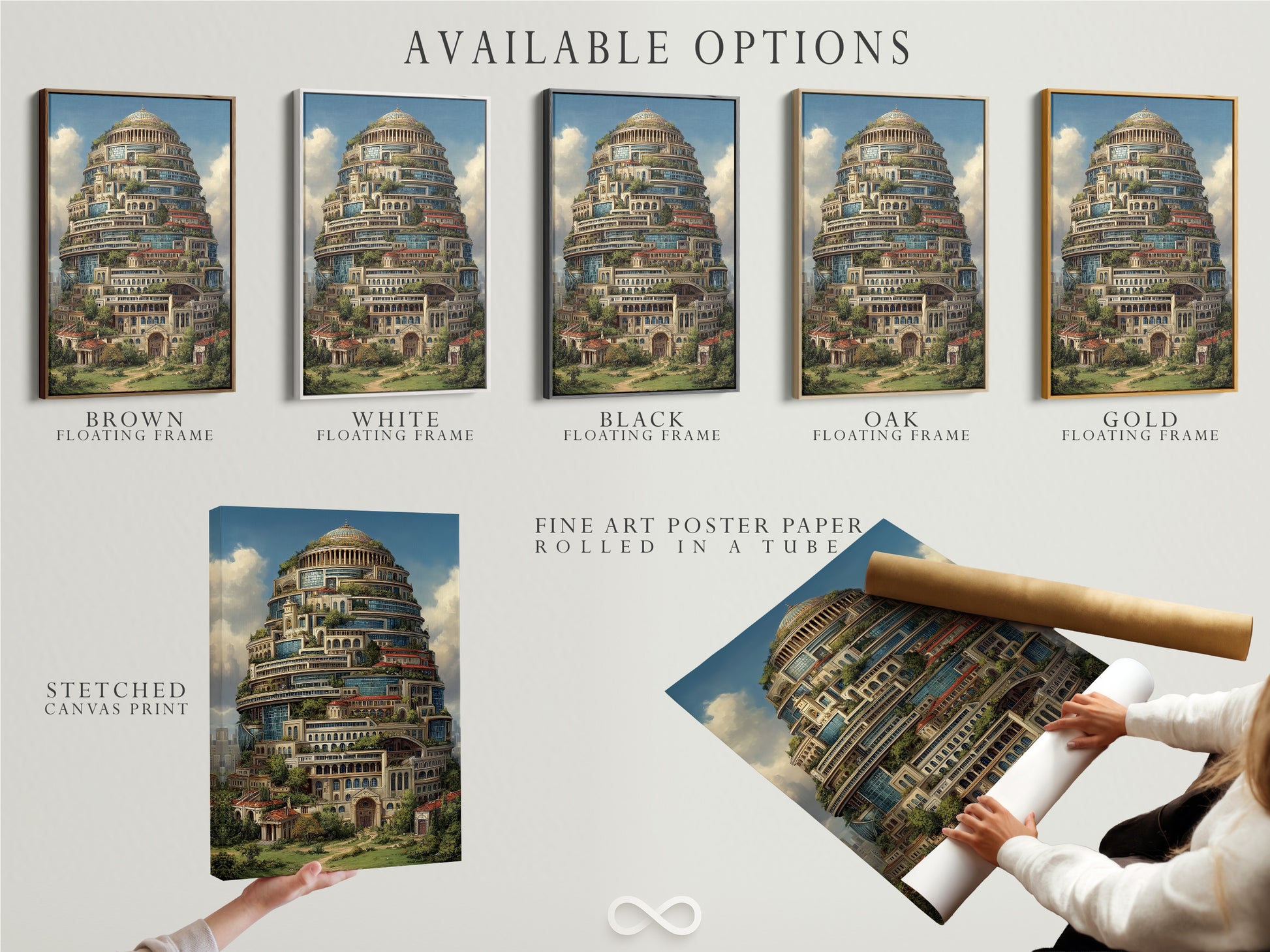 Explore the available options for this fantasy architecture print. Choose from a stretched canvas print or fine art poster paper. Consider a floating frame for added elegance. The primary color is brown. The secondary color is green. It is perfect as office art.