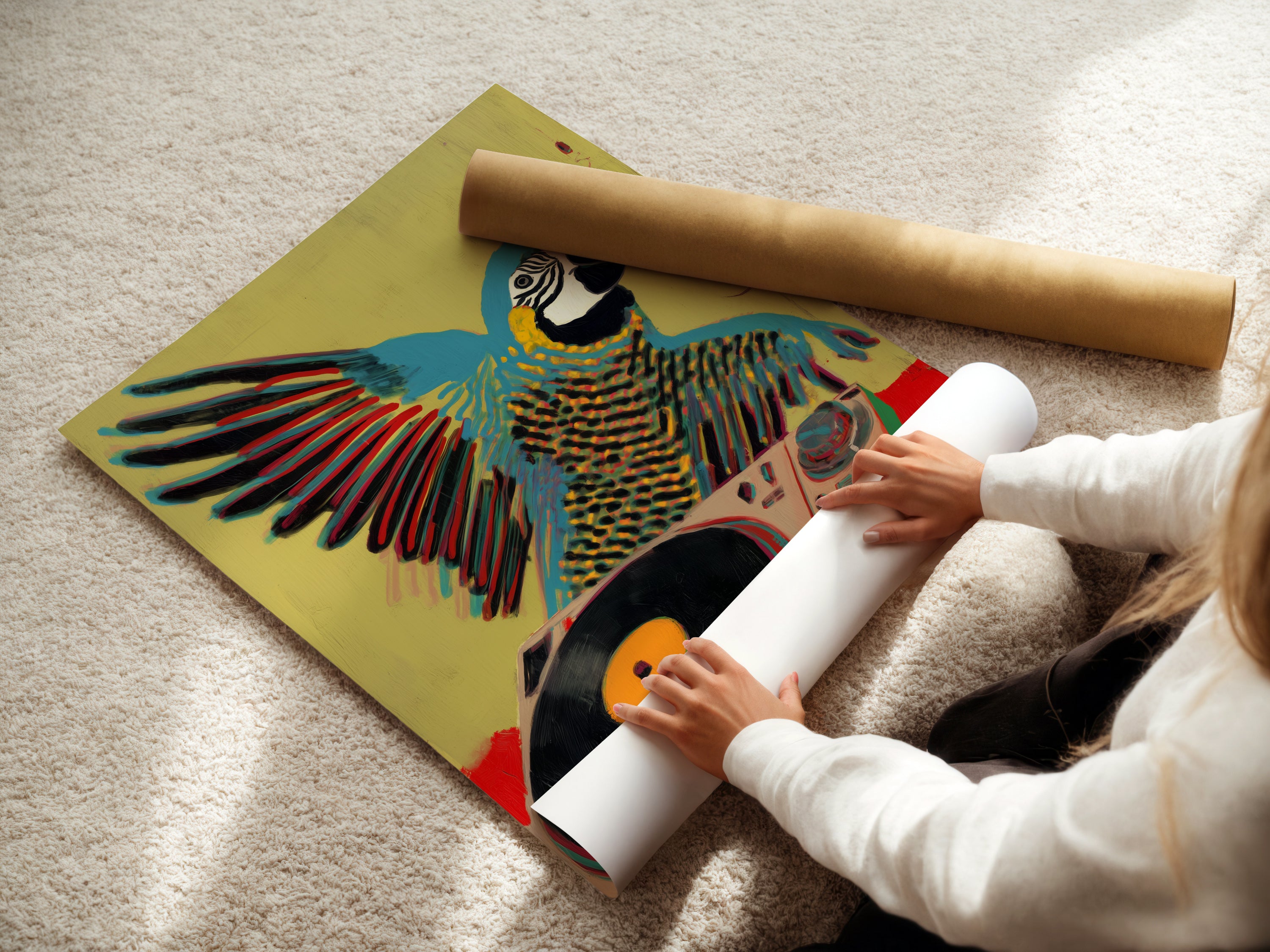 A woman is carefully rolling a fine art poster paper. This highlights the care in handling fine art. The parrot DJ artwork is available as a poster. Explore fine art poster options here for your studio.