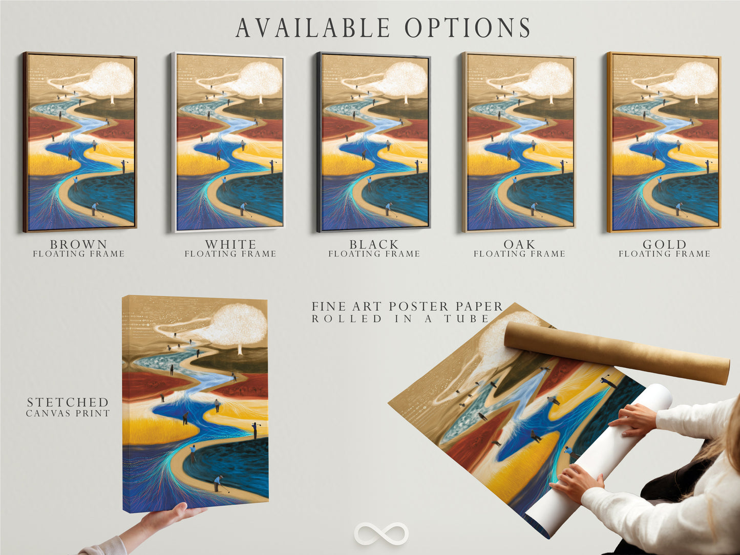 Available options for surreal landscape artwork. Choose from stretched canvas prints fine art poster paper or floating frames. Abstract dreamscape wall art for any space. Contemporary flowing art options displayed.