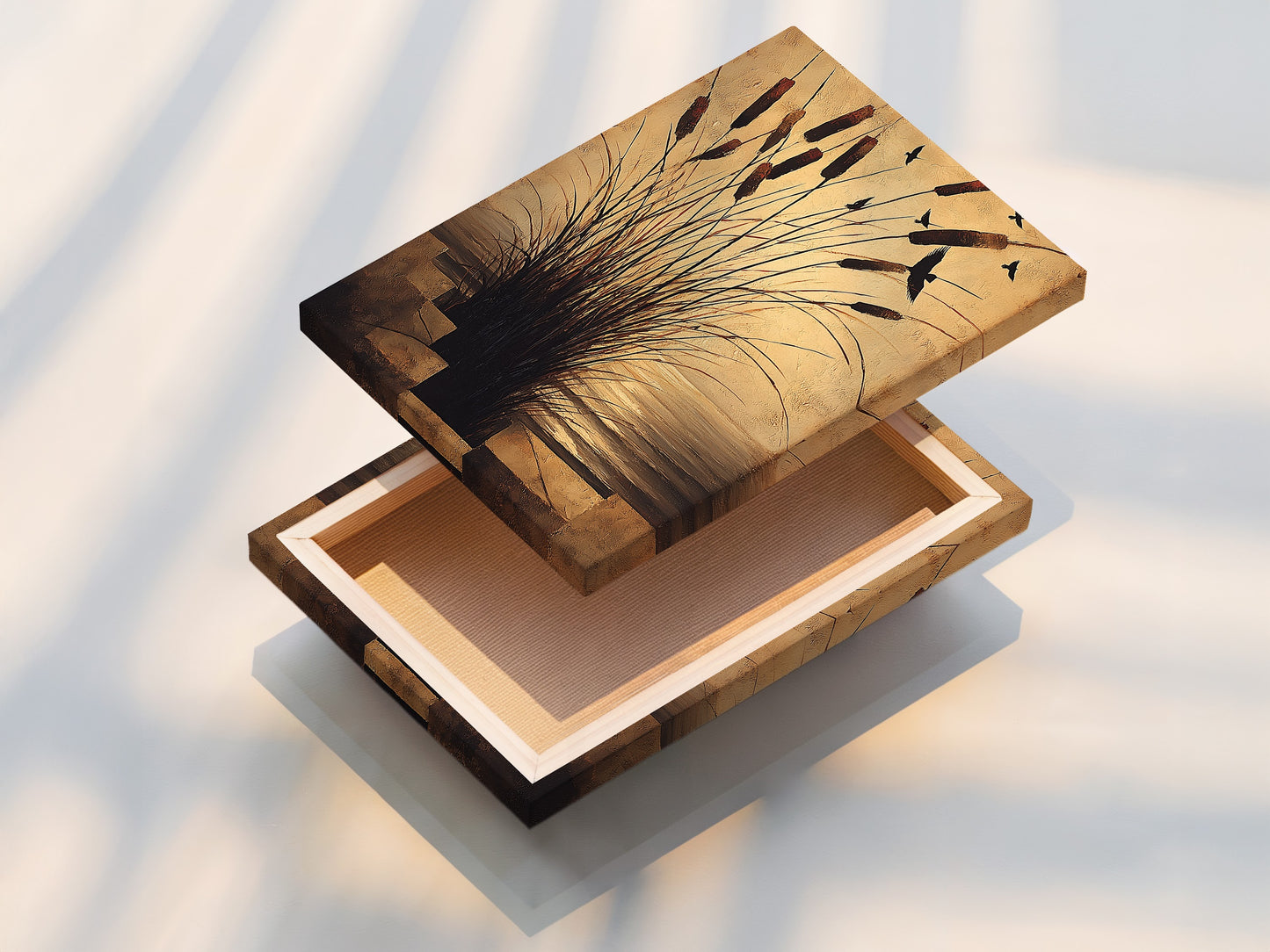 Stretched canvas print of cattails. The neutral tones and coastal elements create a calming effect. Ideal for living rooms bedrooms or offices. This nature-inspired artwork enhances any space.