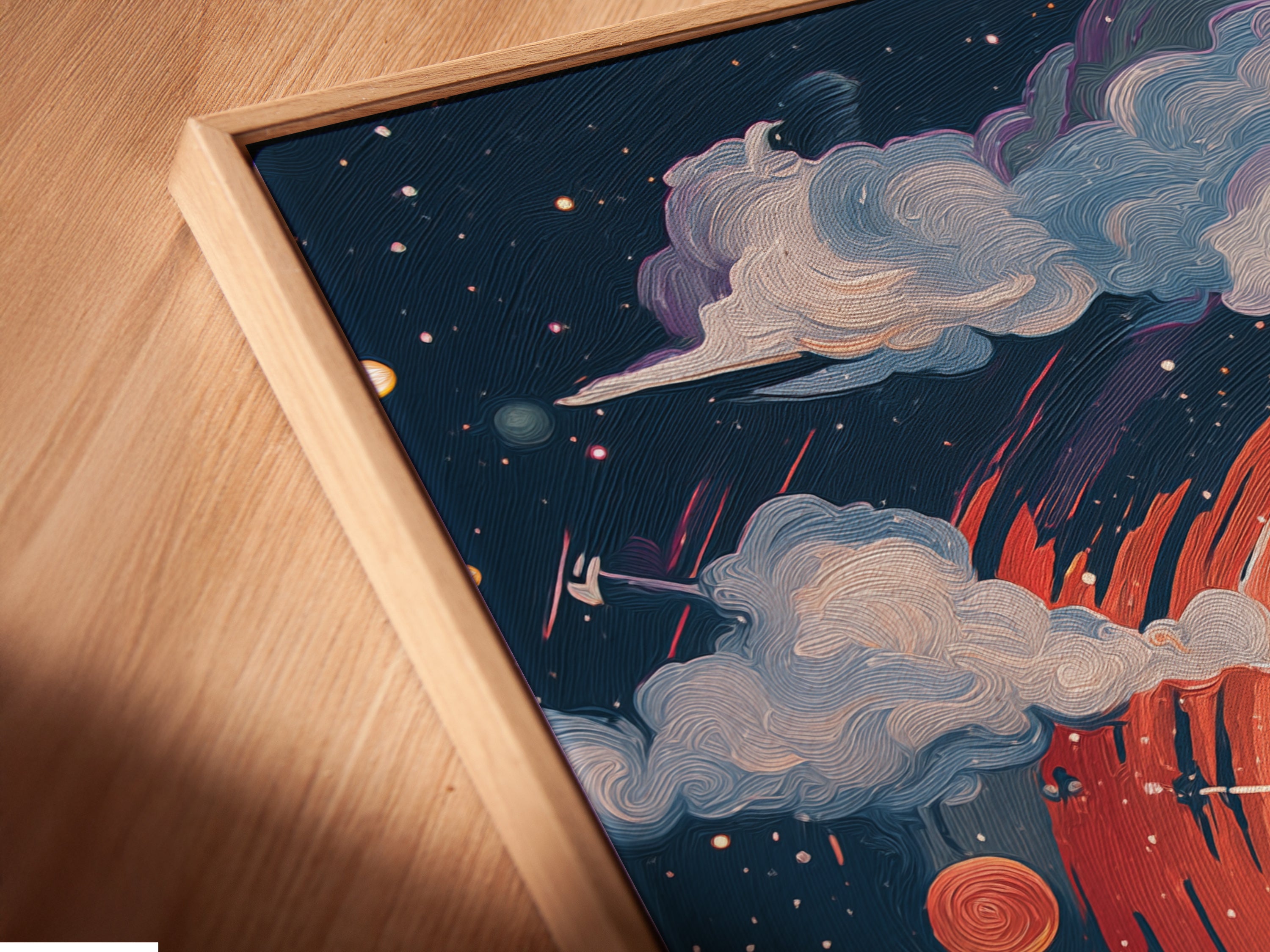 A close-up of the canvas print in a floating frame is displayed. The cosmic lighthouse artwork appears to hover. The framed space art enhances the viewing experience and brings depth.