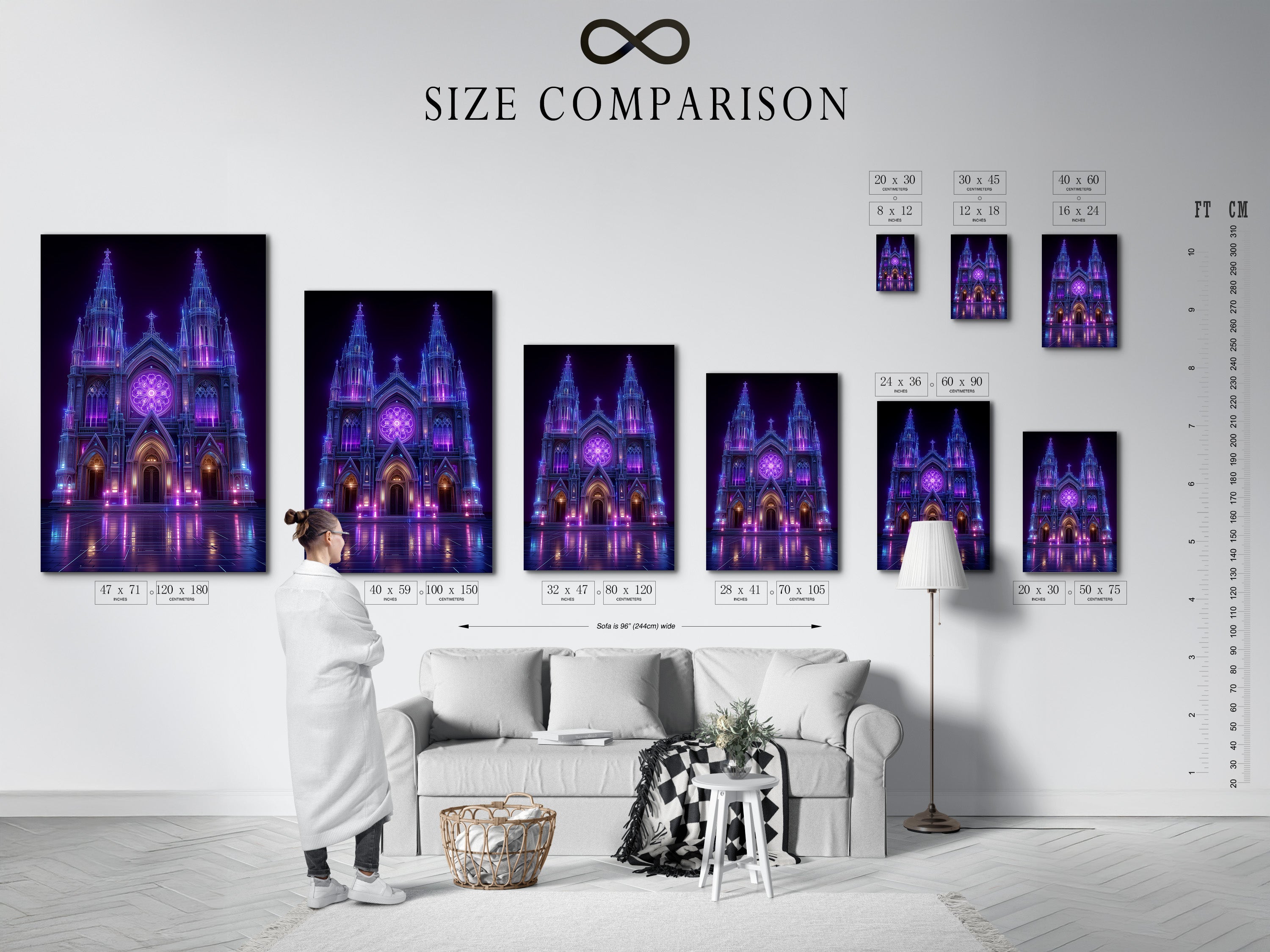 Understand the size options with this comparison chart. Visualize how the gothic cathedral art will fit in your space. Choose the perfect size for your cyberpunk wall art. Make the right choice for your neon purple art today.