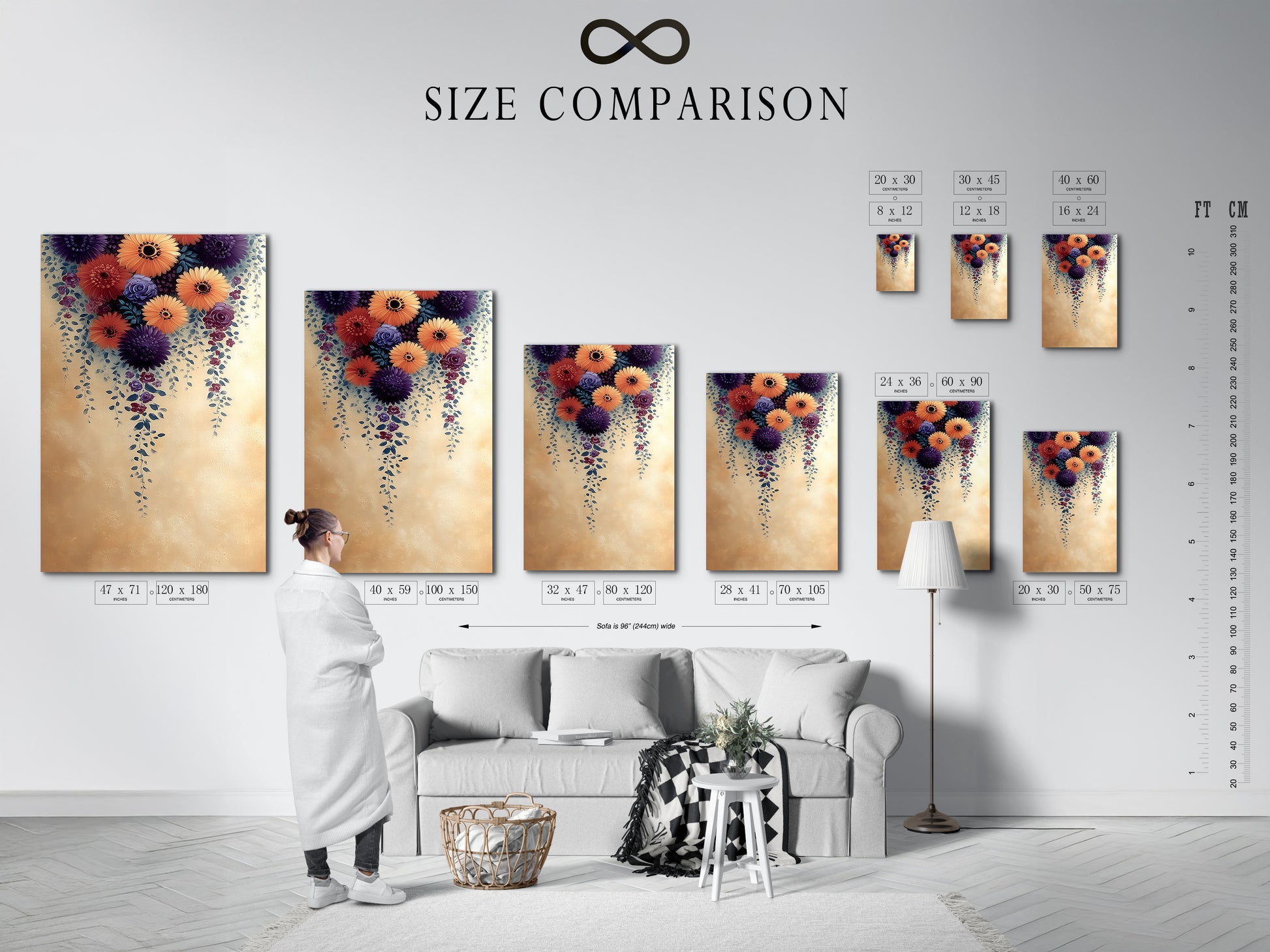 A size comparison chart is set in an interior. This helps you visualize the Floral Cascade artwork in different dimensions. Find the perfect fit for your living room bedroom or office space. Plan your botanical wall decor with confidence and precision