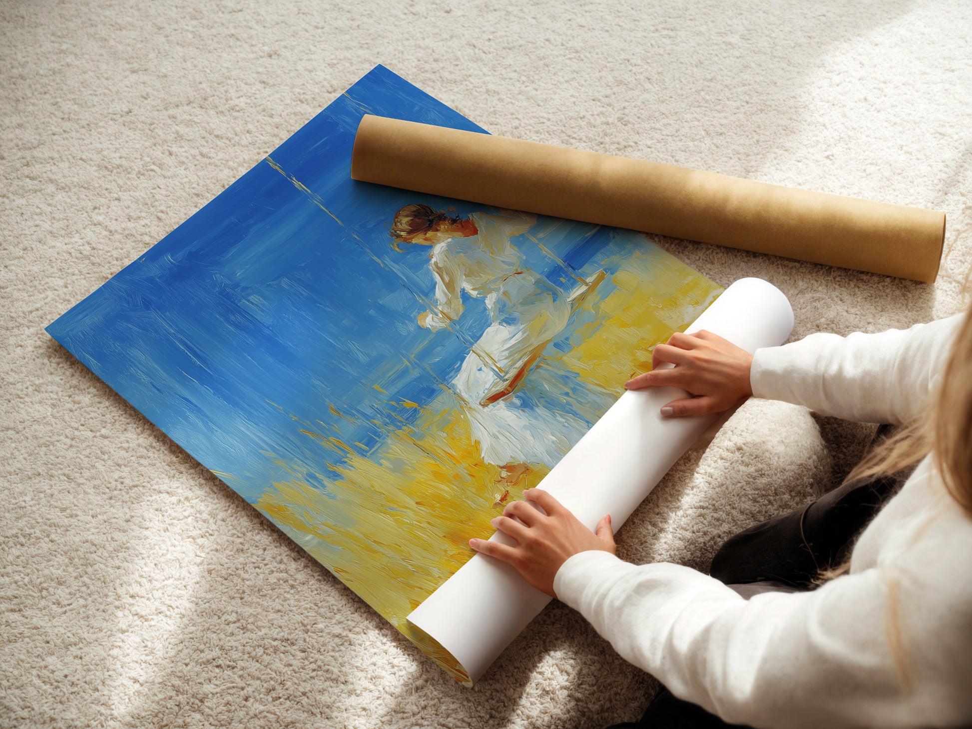 A woman is carefully rolling a fine art poster paper. The paper is high-quality. It ensures the artwork is preserved. This process protects the artwork. It prepares it for framing or display. The poster paper enhances the artwork's details.