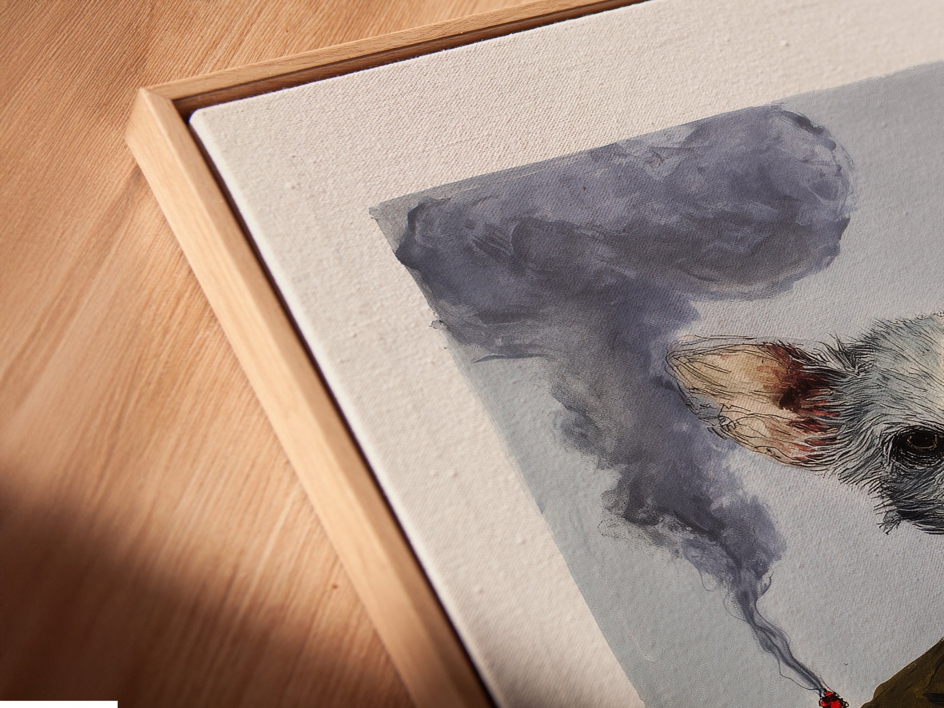 A close-up angled view reveals the fine details of this canvas print in a floating frame. The quirky dog portrait art stands out beautifully. This anthropomorphic animal artwork adds depth and sophistication to any room. The artwork features primary color yellow and secondary color grey.