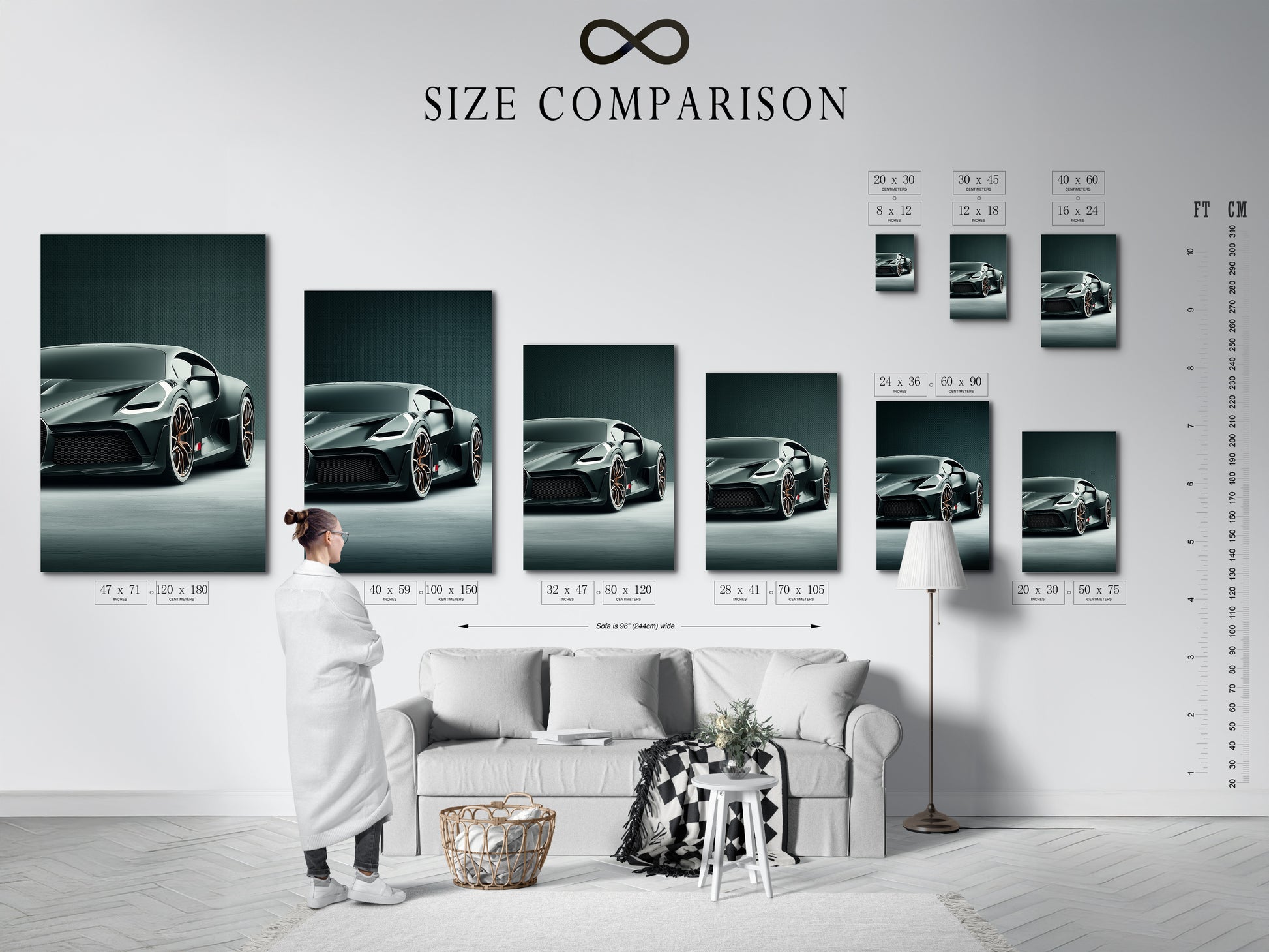 Size comparison chart displayed in an interior setting. See how different sizes of the luxury car print fit in your space. Visualize the impact of this supercar poster on your garage wall decor or man cave art.