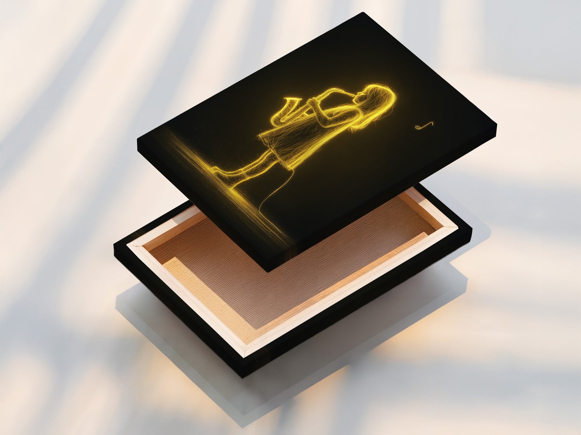 A stretched canvas print of the Saxophone Player art. The artwork is ready to hang and enjoy. The neon colors and details pop. This vibrant jazz musician canvas is perfect for any space