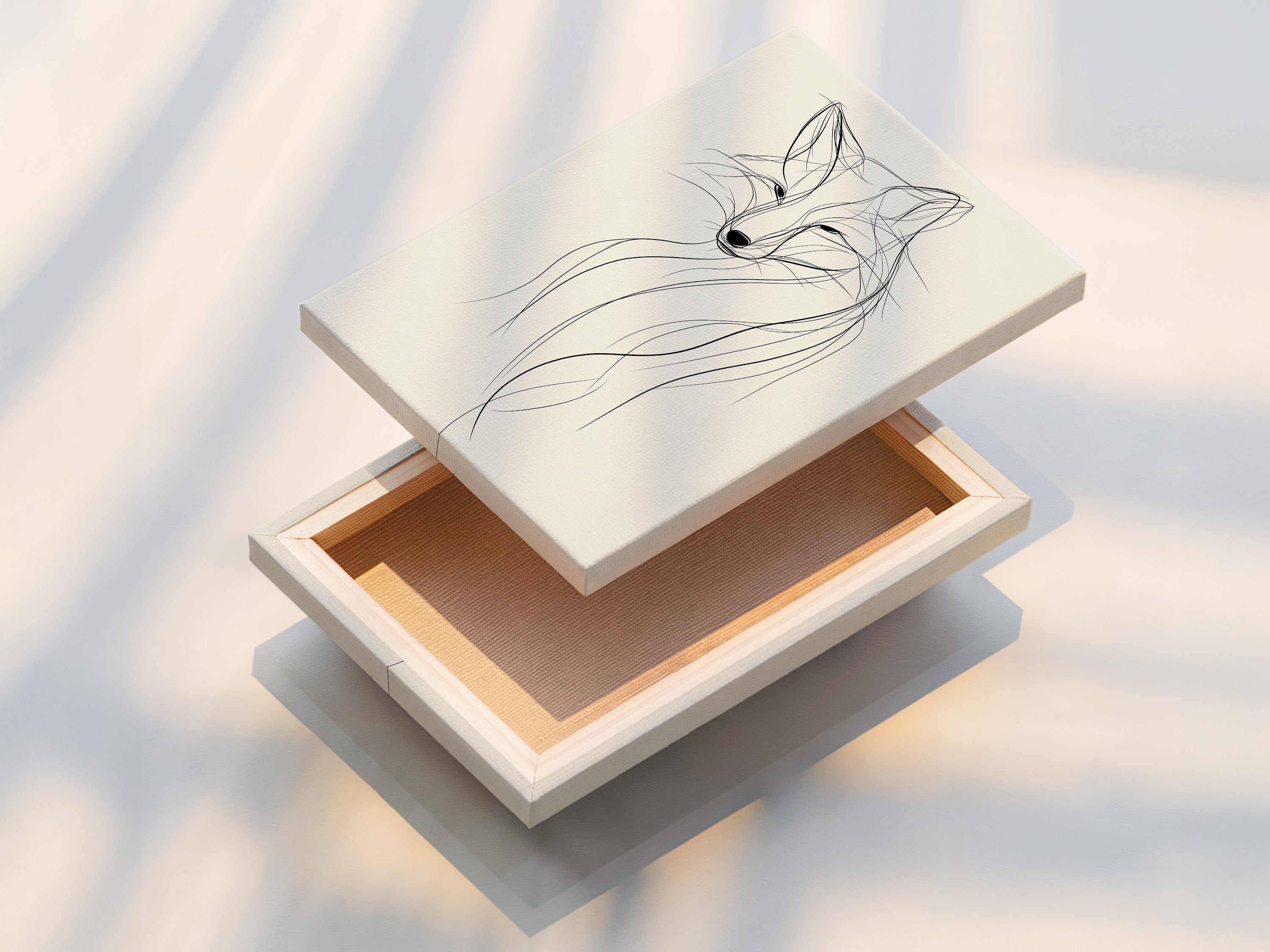 A stretched canvas print features minimalist fox line artwork. The canvas texture enhances the modern wildlife art. This ready-to-hang piece offers convenience. The fox artwork is ideal for quick decor updates. It is perfect for living rooms bedrooms and offices.