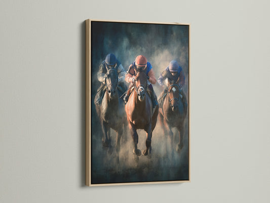 Artwork with an oak frame. The artwork shows a horse race. The oak frame adds a touch of nature to the artwork. This frame is perfect for those who love a rustic aesthetic. It complements the artwork beautifully.