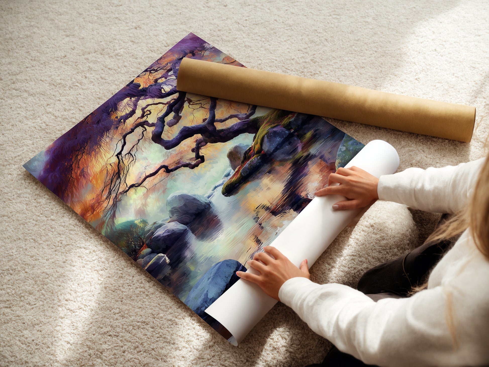 A woman is carefully rolling a fine art poster paper. This paper features the Japanese Tree artwork. The zen water reflection is captured beautifully. This Asian landscape is perfect for modern styles. The poster is ideal for homeowners seeking elevated wall art.