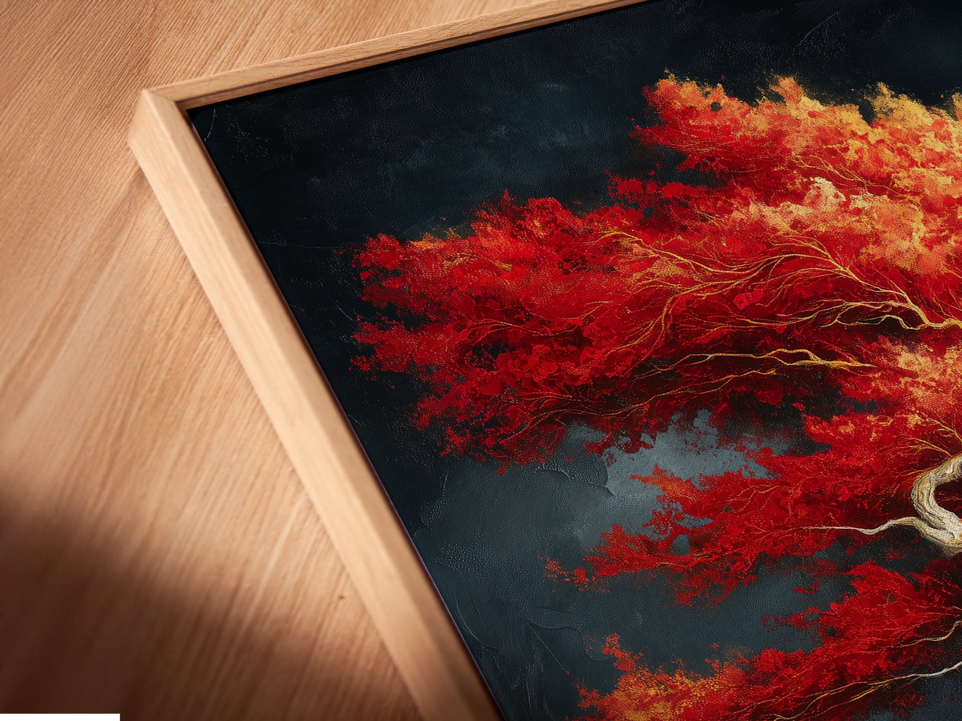 A close-up view of a canvas print in a floating frame. The red maple bonsai art adds depth to any room. This Asian Zen wall art enhances meditation spaces. Perfect as contemporary office decor. The floating frame adds a modern touch to this oriental artwork.
