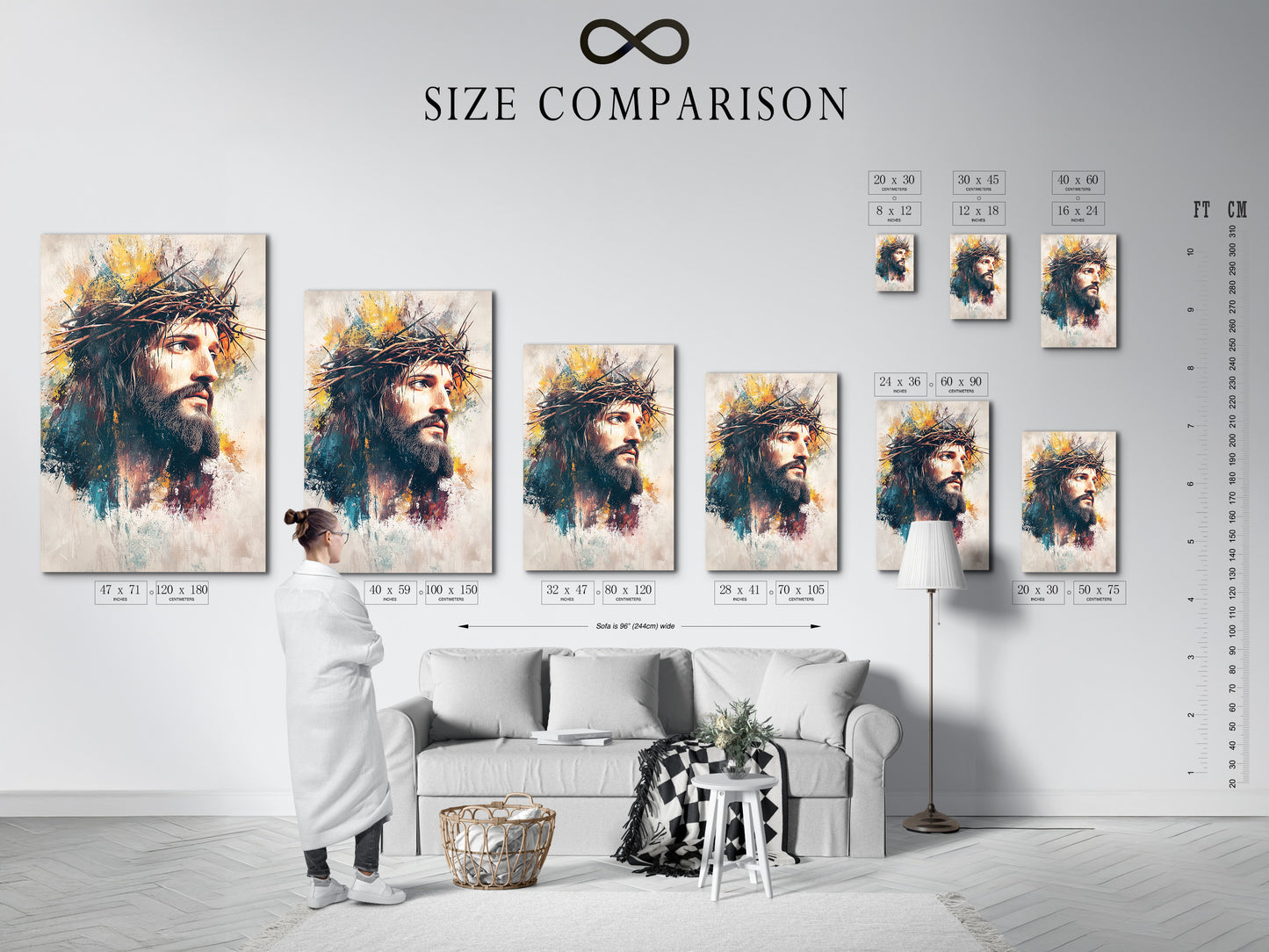 A size comparison chart is shown in an interior setting. See how different sizes look in a real room. This helps visualize the perfect artwork size for your space. Use our chart to make the best choice.