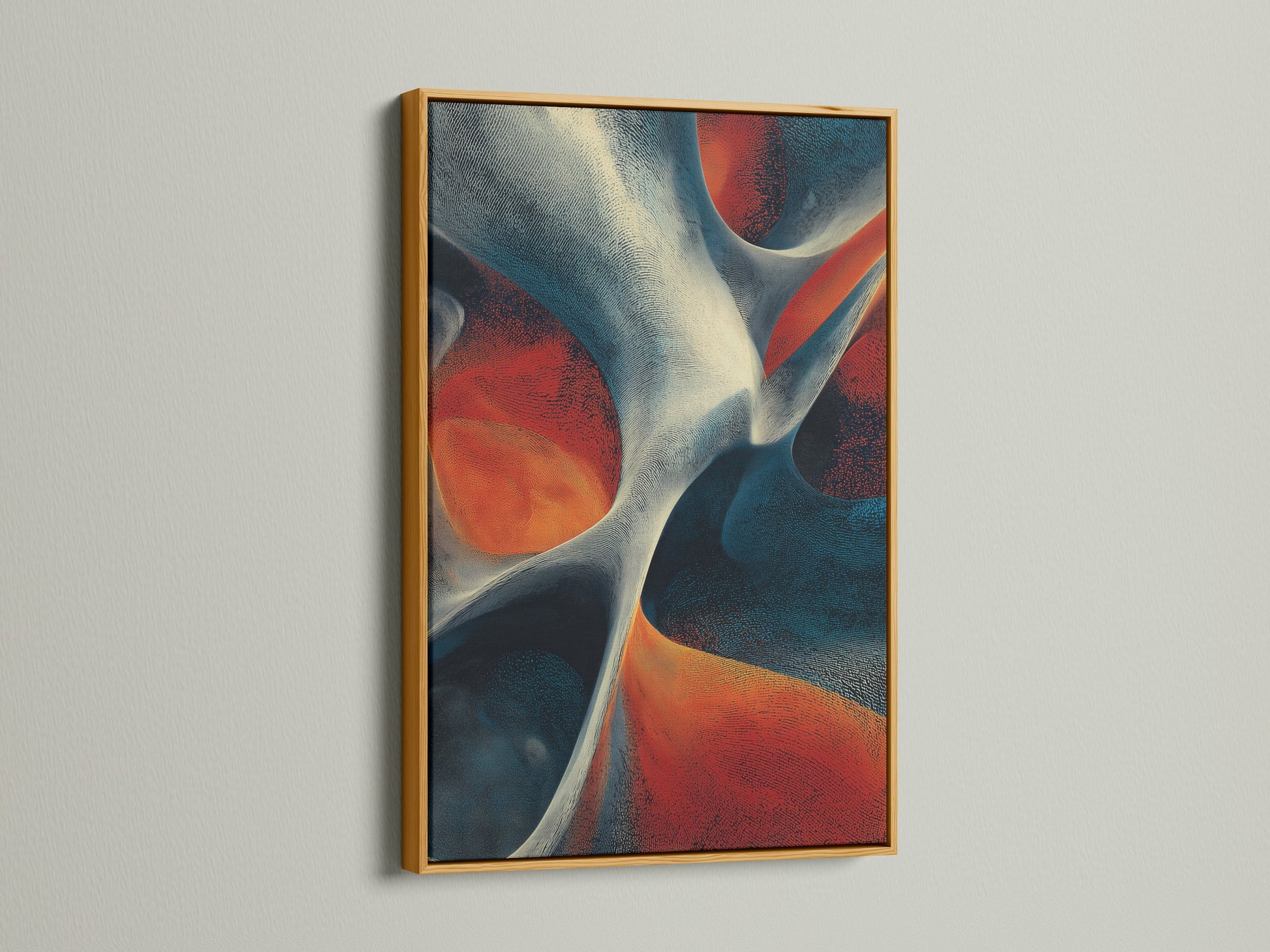 Artwork with a gold frame on a white wall. The artwork features abstract shapes in red white and blue. The gold frame adds a touch of glamour to the piece. This framed art is perfect for creating a luxurious atmosphere in any room.