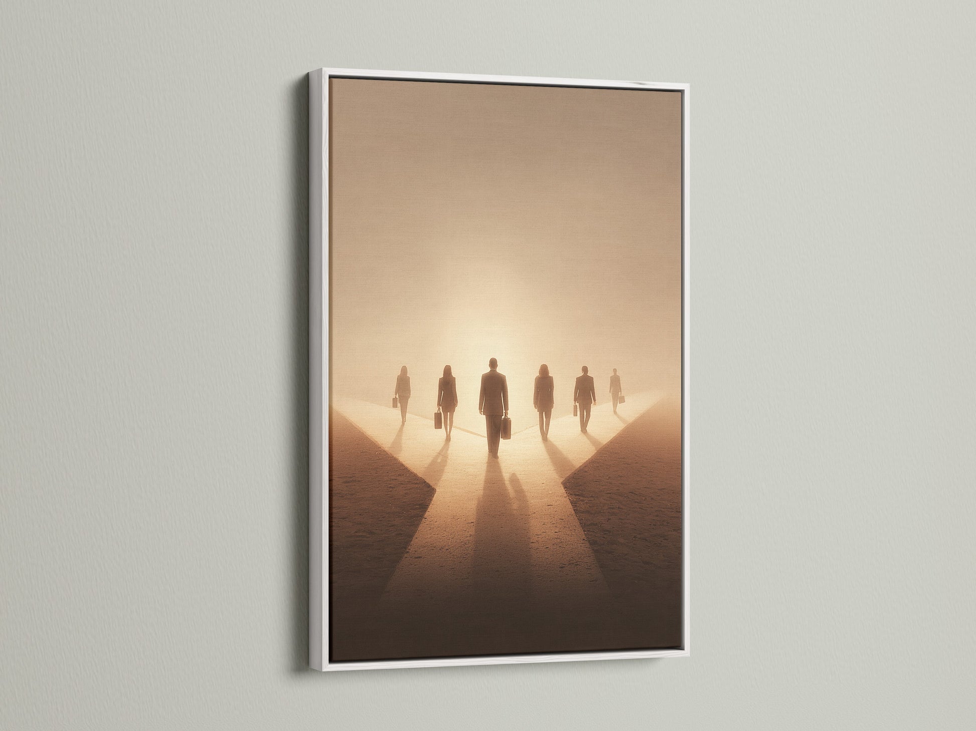 Artwork with a white frame. The art features people walking into the light. The white frame is a clean and modern choice. It will brighten up any room. This artwork is perfect for adding a touch of contemporary style to your home.