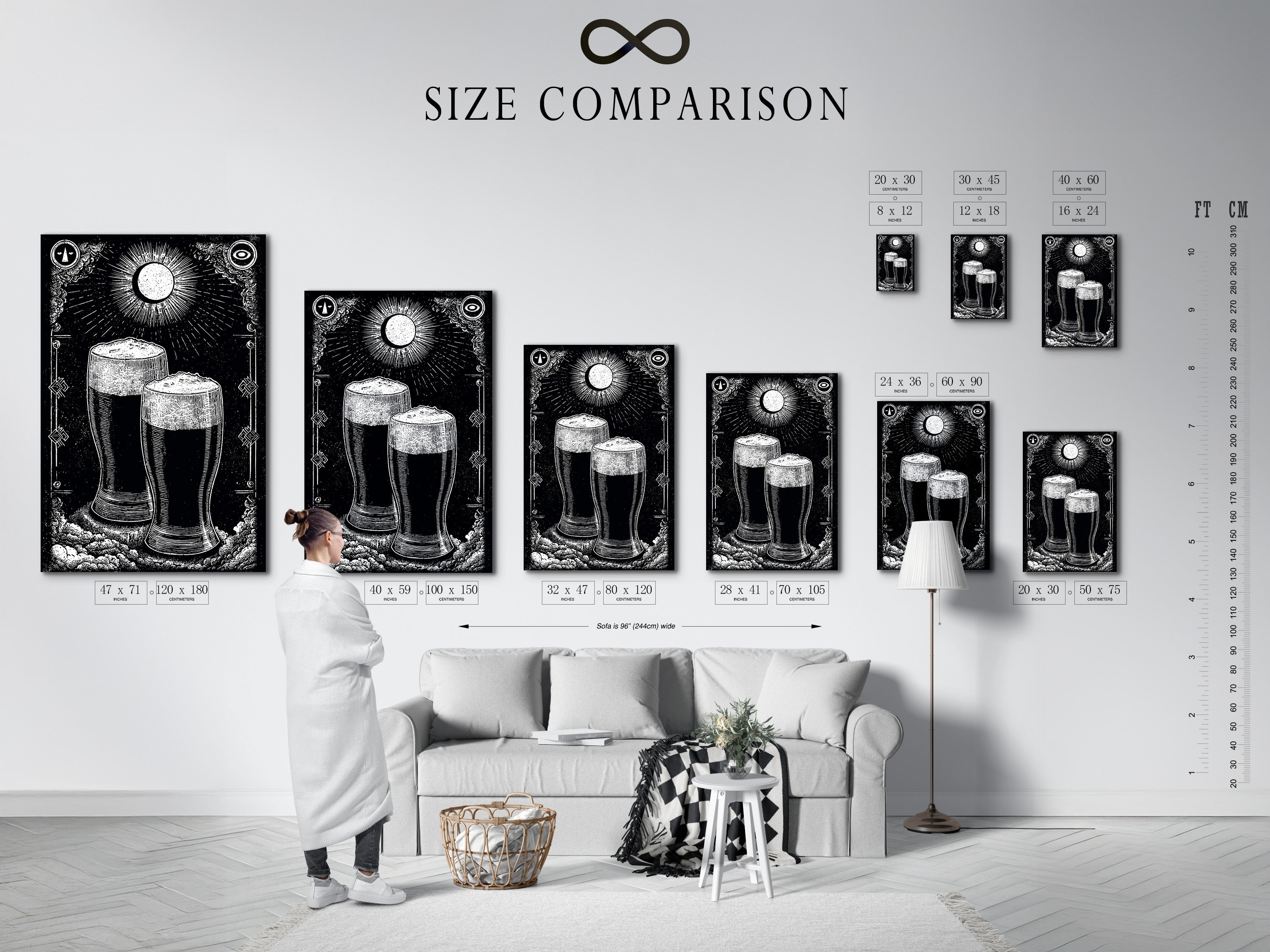 Size comparison chart displayed in an interior setting. The chart showcases available art print sizes. This helps visualize how each size fits in your space. Choose the perfect dimensions for your artwork to enhance your home decor.