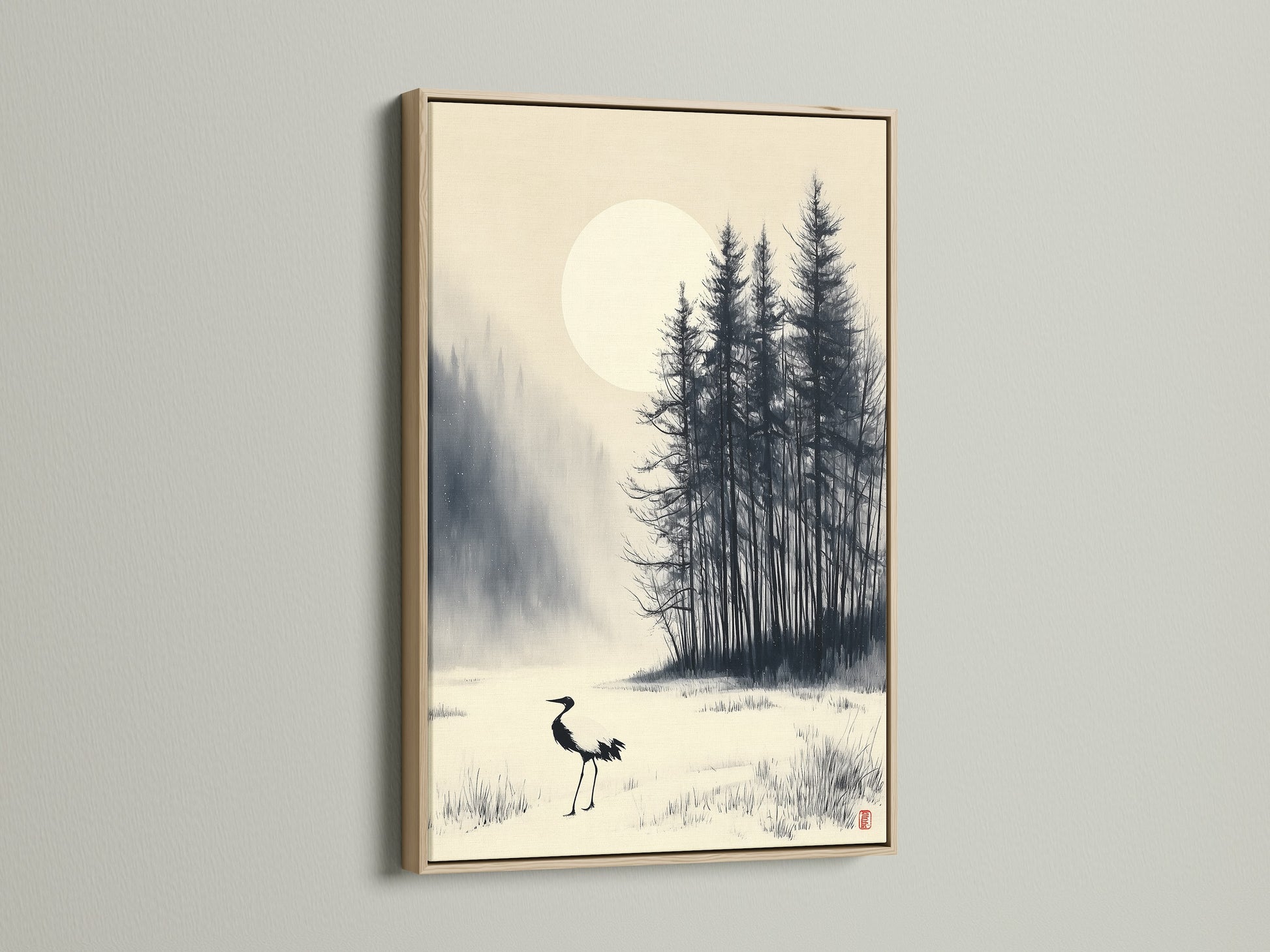 Discover Japanese print art with a crane in an ink wash style. This winter canvas art is showcased in an oak frame. The art adds a touch of zen to any room. Ideal for living rooms bedrooms and offices. The neutral tones blend seamlessly with various decor styles.