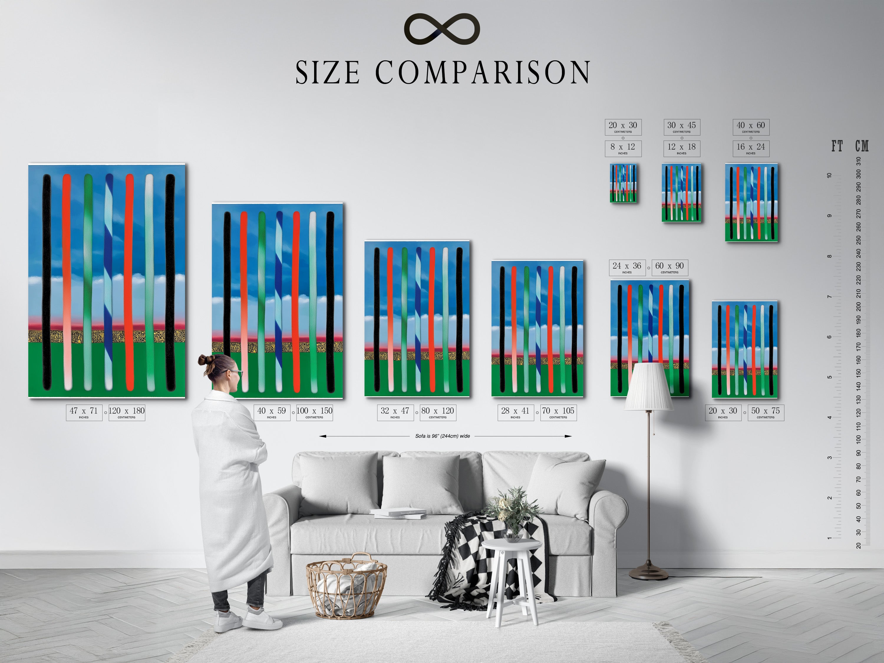 A size comparison chart is shown in an interior setting. This chart helps visualize different artwork sizes. See how each size fits within a room. This ensures you choose the perfect dimensions for your space. Make informed decisions with our size guide.