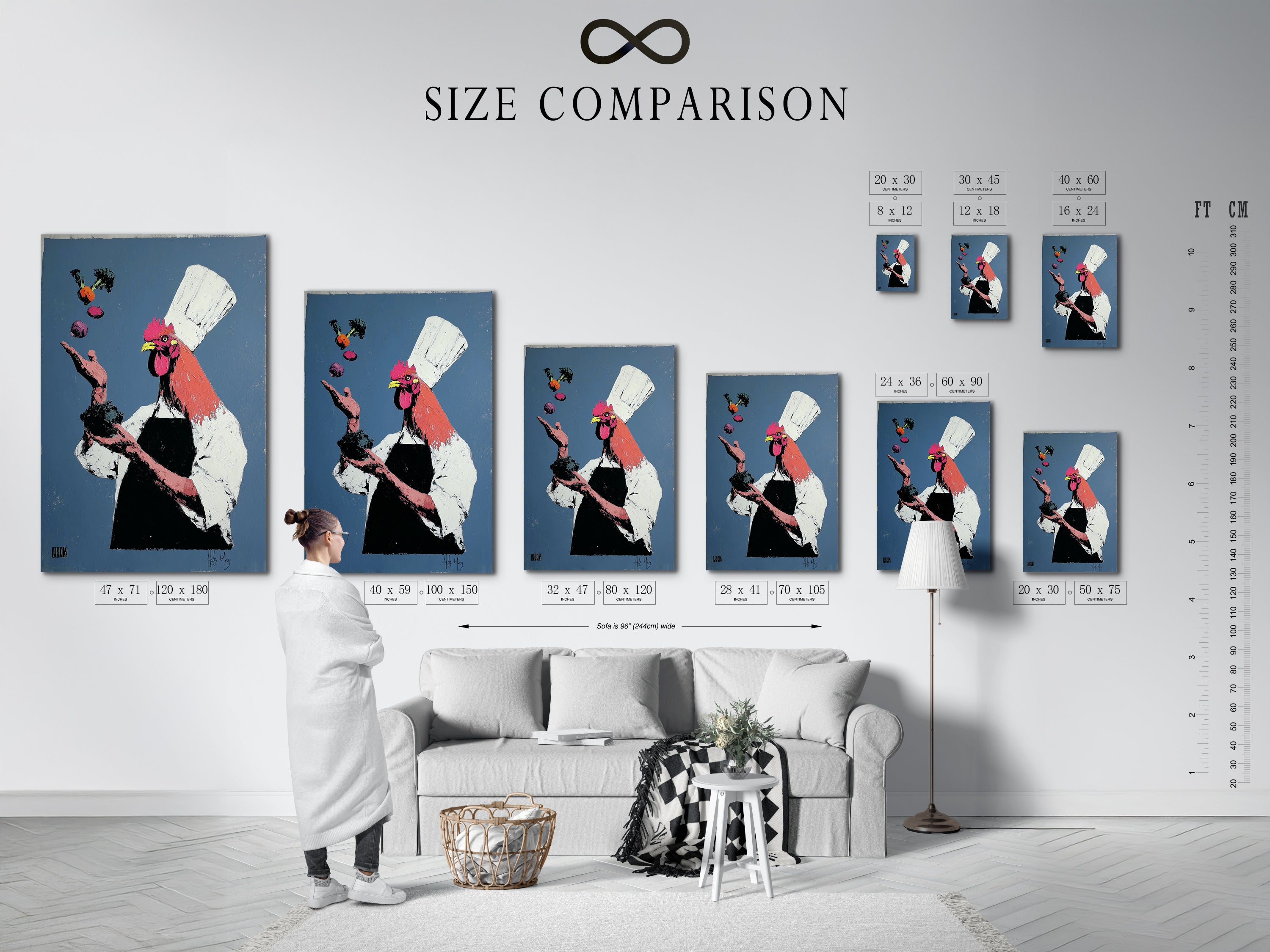 Size comparison chart featuring the Rooster Chef art in an interior setting. Visualize how different sizes of this canvas print look in your space. Choose the perfect size for your kitchen wall decor. This chart helps you make an informed decision. Explore our size options now.