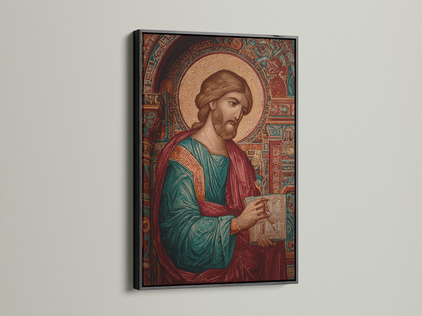 Artwork displayed in a black frame on a white wall. The artwork features a mosaic-style depiction of a religious figure. The black frame adds a bold contrast. Elevate your decor with framed art.
