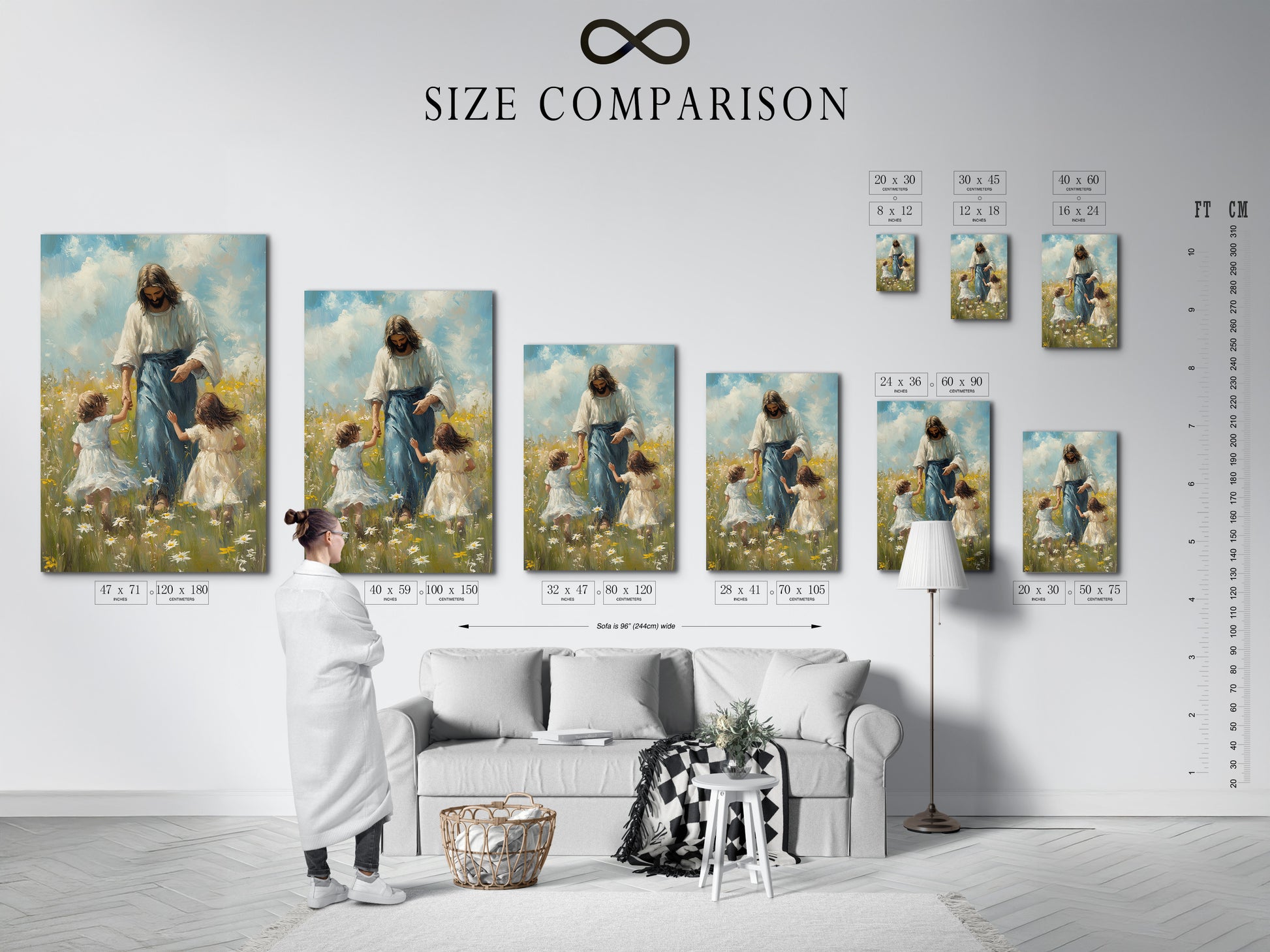 A size comparison chart is placed in an interior setting. The chart helps customers visualize the art. It will guide your decision on which size is needed. The chart showcases different sizes. It ensures the perfect fit for any space.