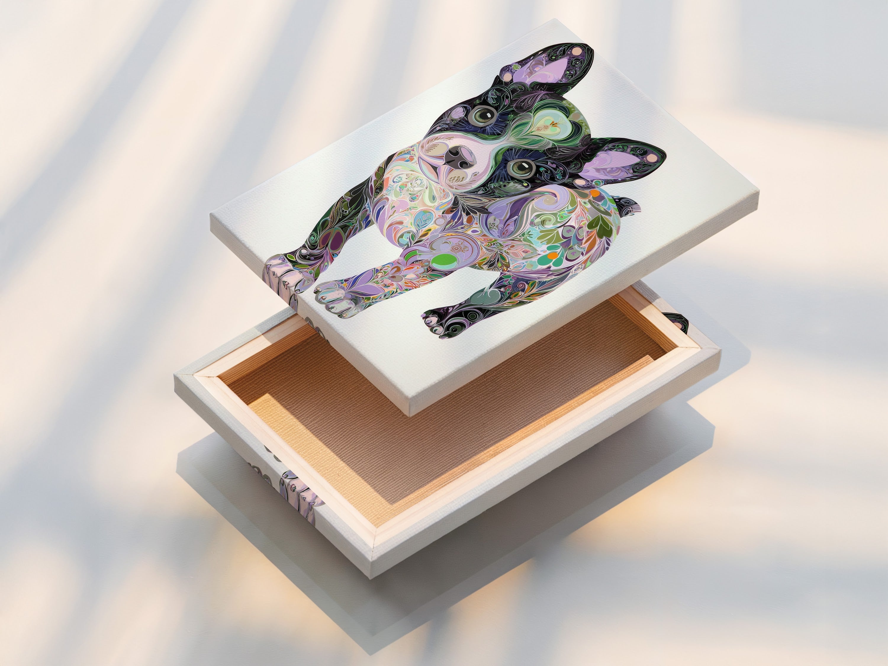 A stretched canvas print of a colorful French Bulldog. This psychedelic pet portrait is perfect for wall art. It's great for living rooms or bedrooms. It's a unique Frenchie art gift for dog enthusiasts.