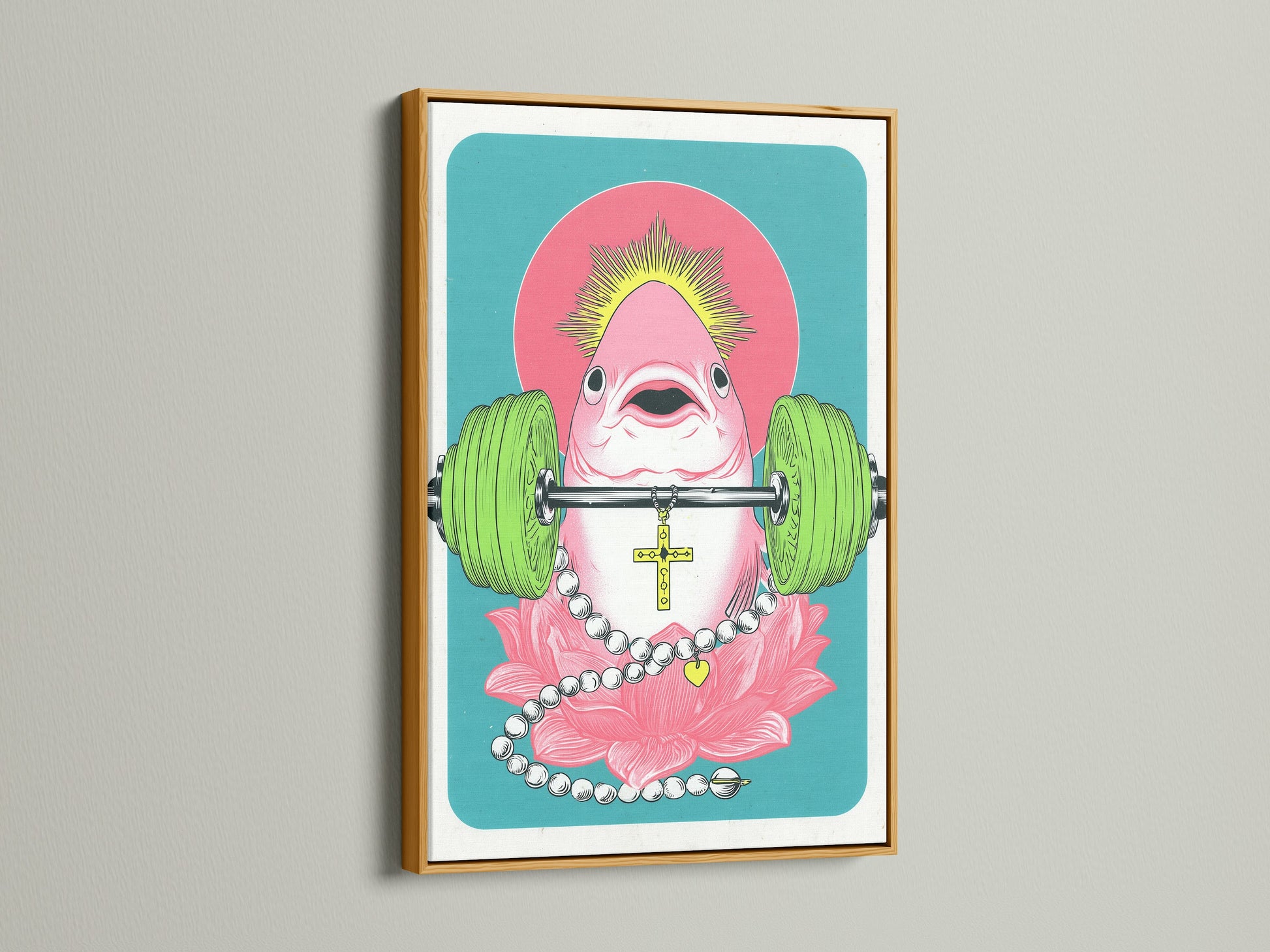 Surreal flamingo artwork print in a gold frame. This pop surrealism piece is a fun addition to any home gym. It's a great gift for fitness enthusiasts and animal art lovers. The artwork is both motivational and quirky.
